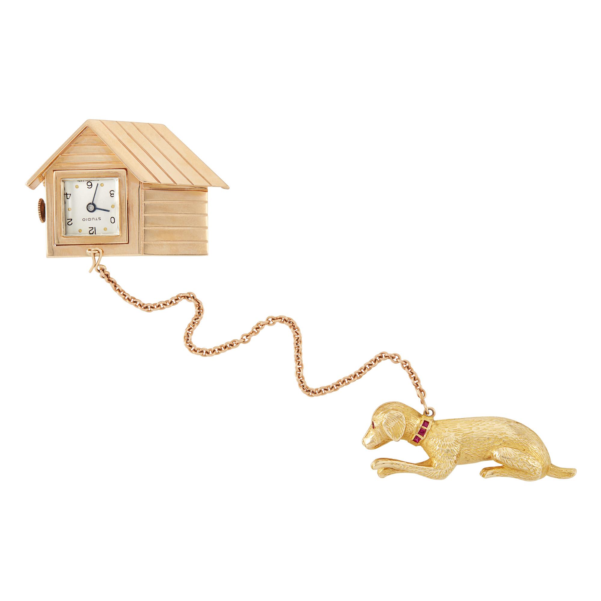 Lot image - Gold and Ruby Dog and Doghouse Lapel-Watch