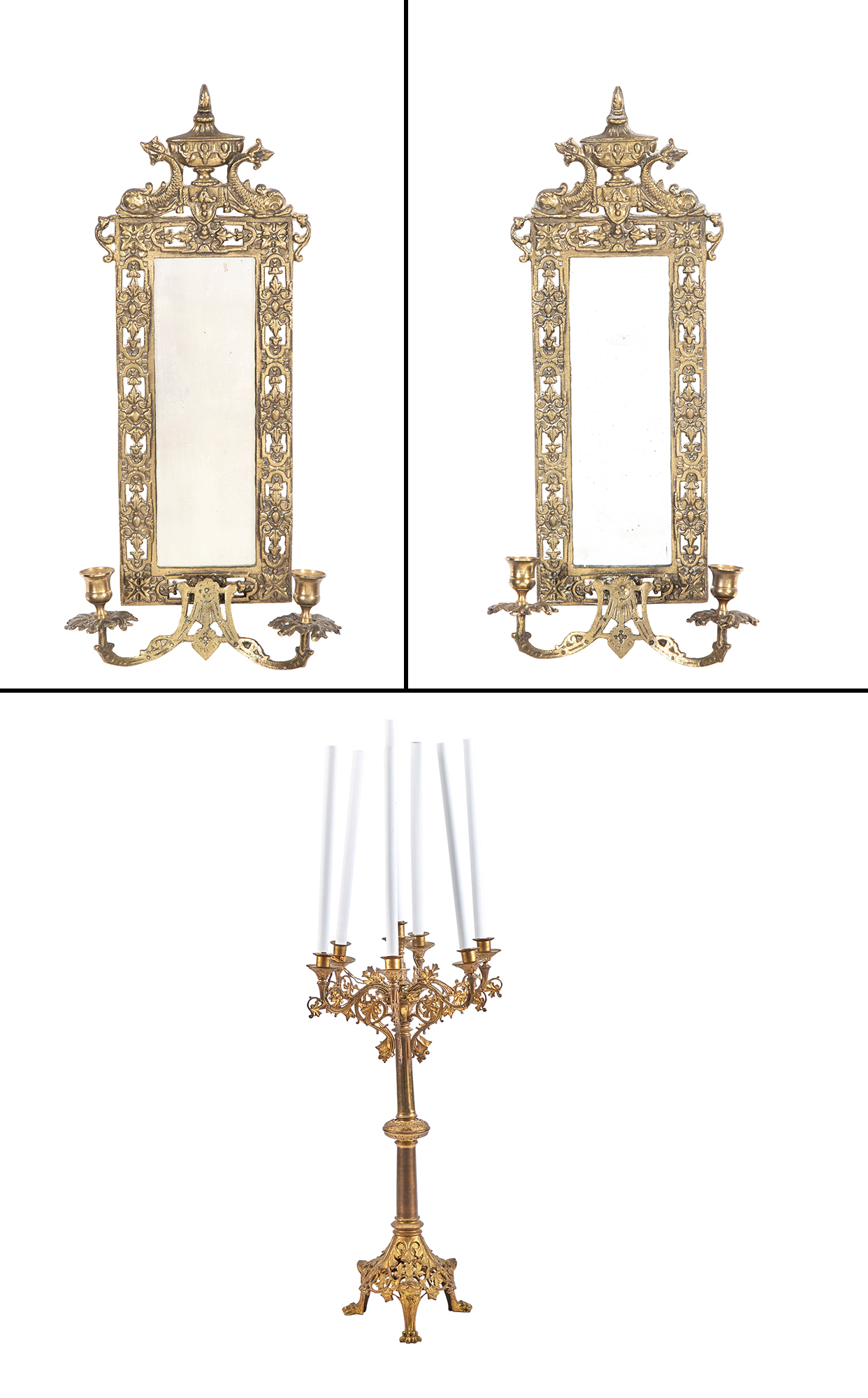 Lot image - Pair of Bradley & Hubbard Gilt-Metal Two-Light Mirror Sconces