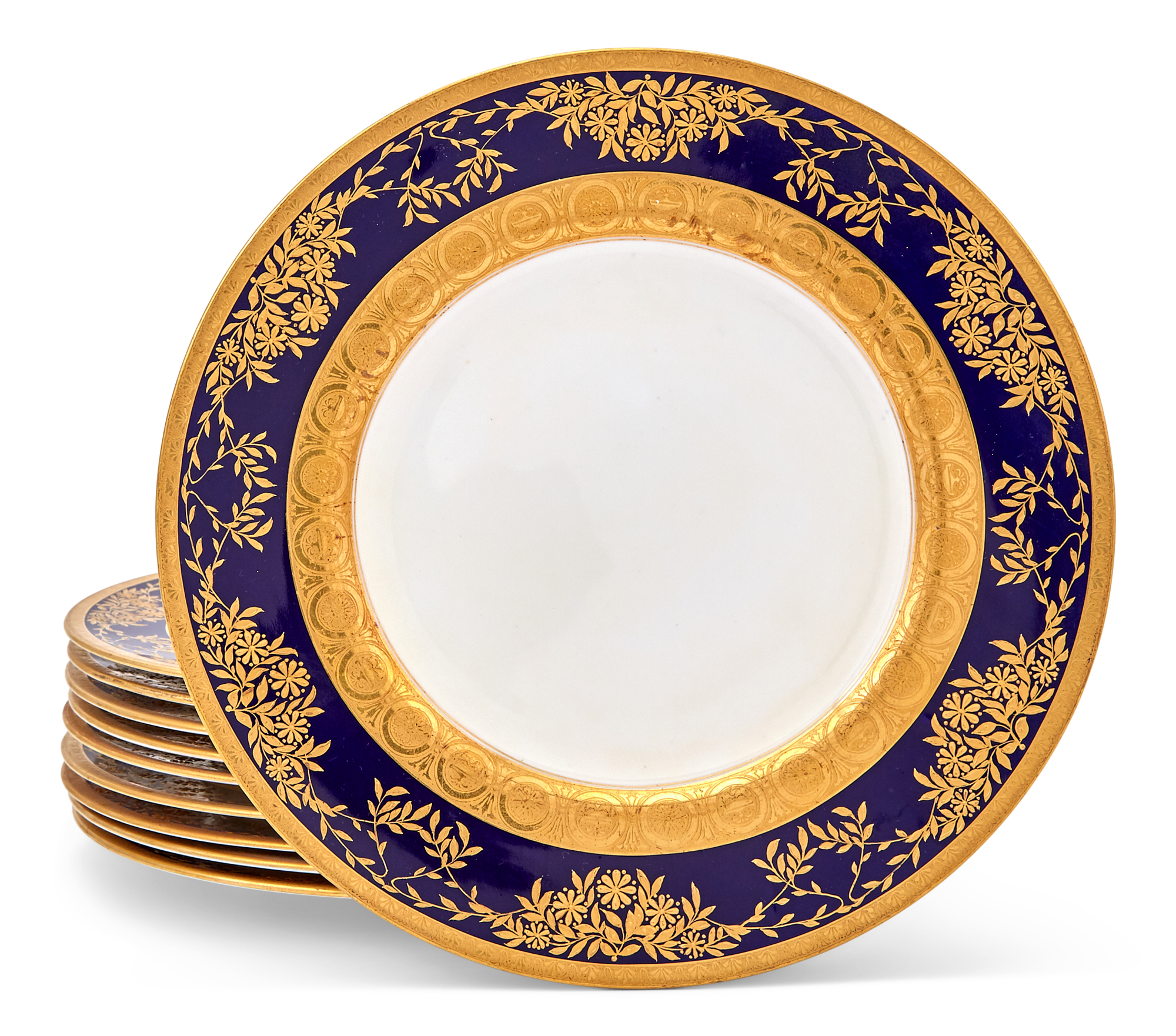 Lot image - Set of Twelve Mintons Gilt-Decorated Cobalt Ground Porcelain Dinner Plates