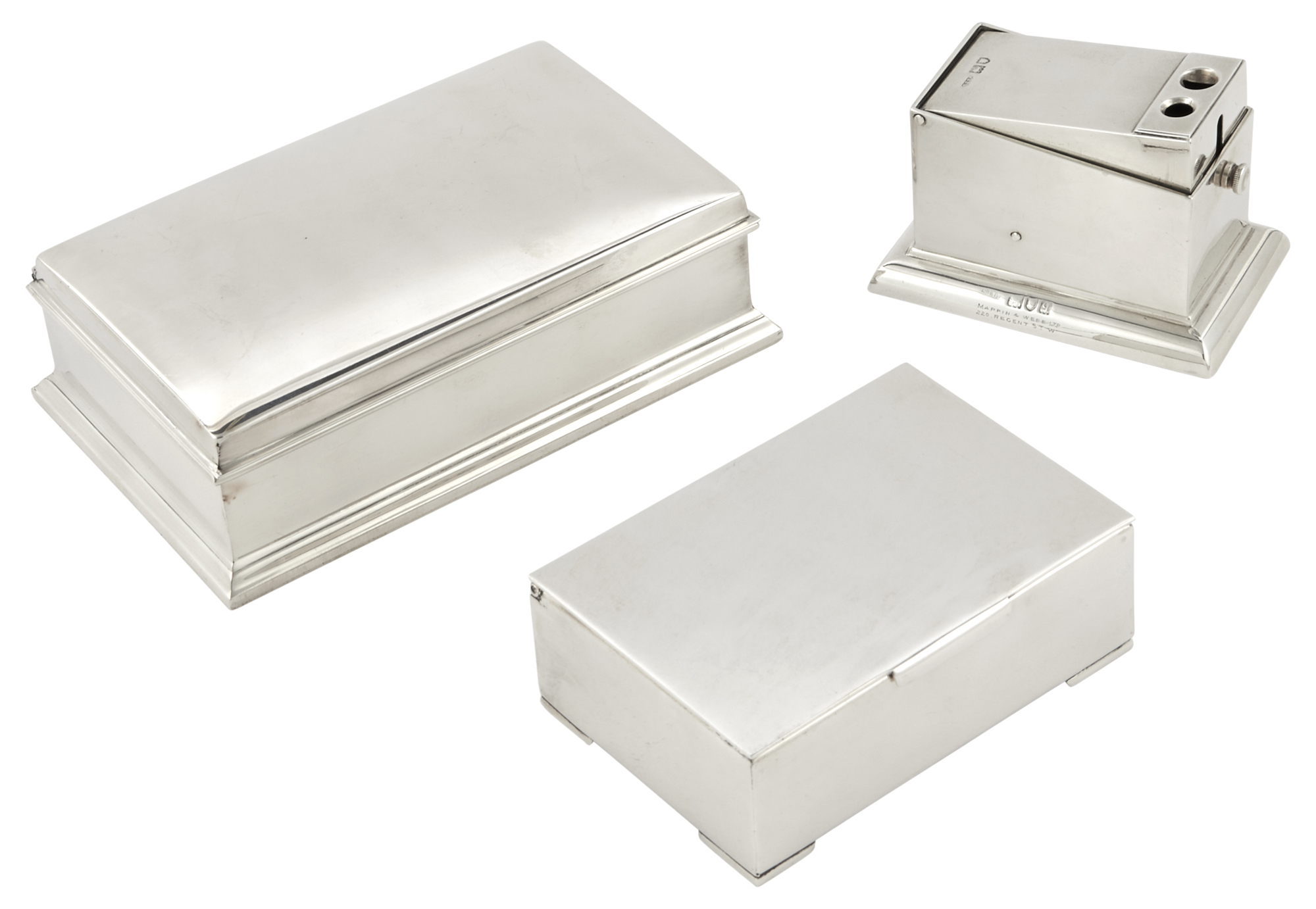 Lot image - Two American Sterling Silver Table Boxes and an English Sterling Silver Cigarette Cutter
