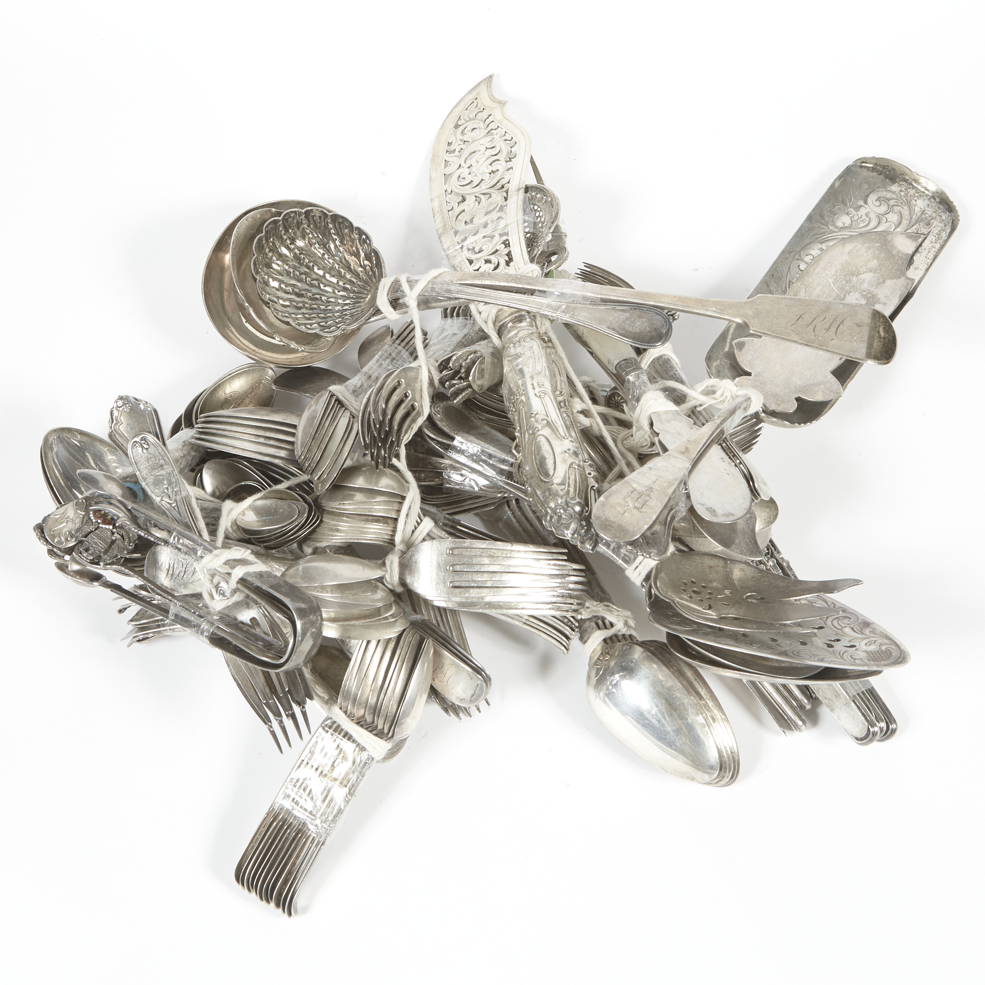 Lot image - 171 Pieces of Silverware, 199 ozs., 15 handles, damaged
