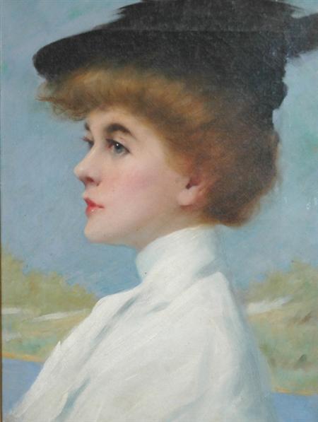 Lot image - Herbert A. Morgan American, 1857-1917 Portrait of a Lady in a Black Plumed Hat
