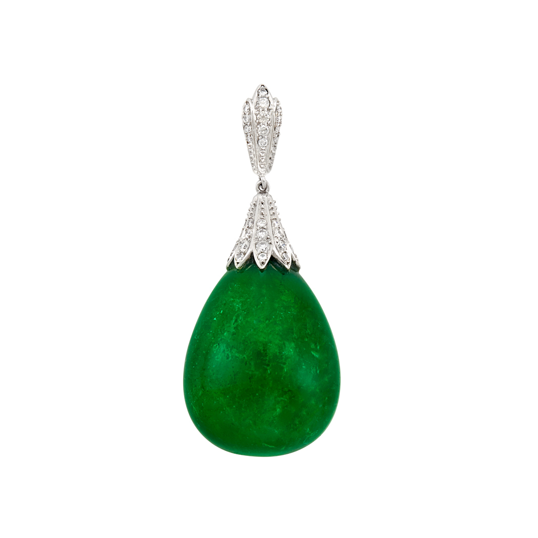 Lot image - White Gold, Cabochon Emerald and Diamond Pendant