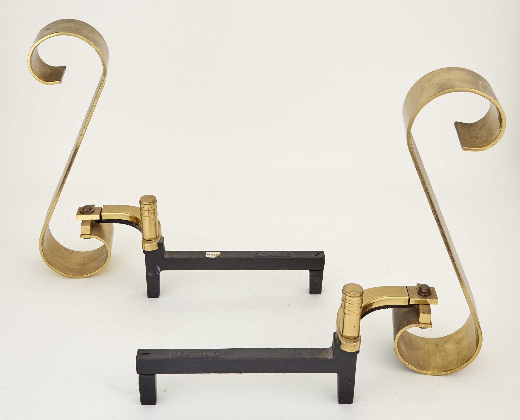 Lot image - Pair of Brass Scroll-Form Andirons