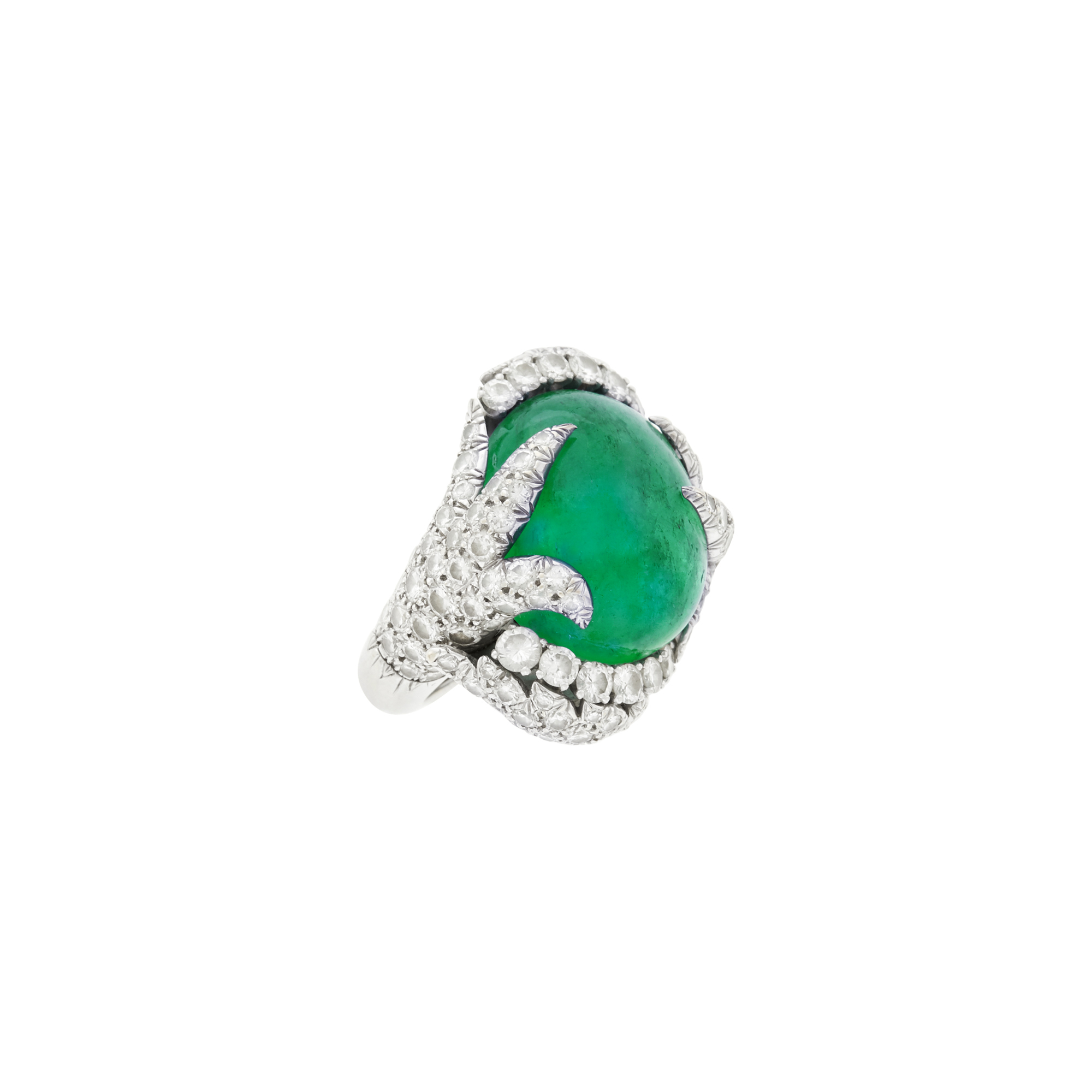 Lot image - David Webb Platinum, White Gold, Cabochon Emerald and Diamond Ring