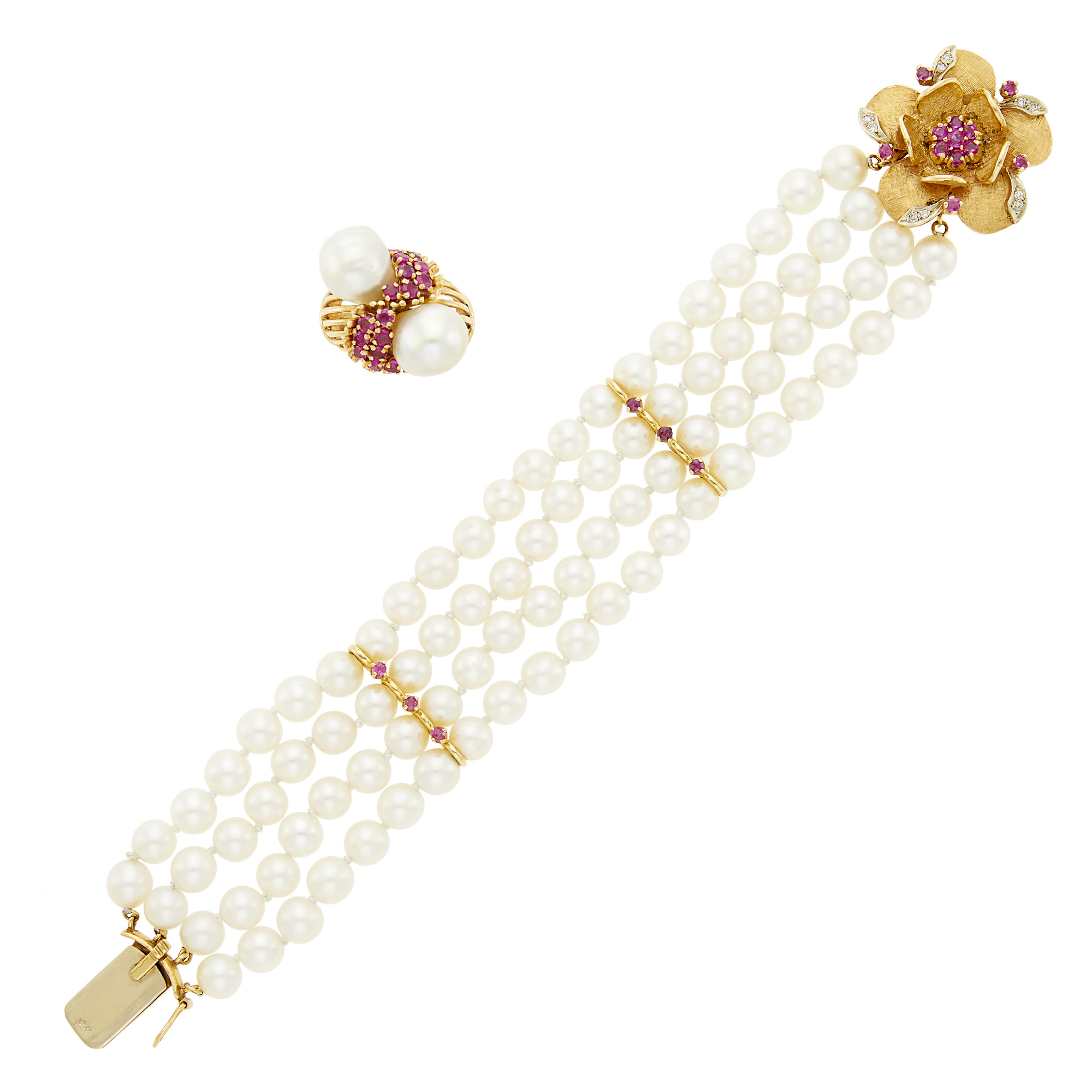 Lot image - Gold, Semi-Baroque Cultured Pearl and Ruby Crossover Ring and Four Strand Cultured Pearl, Gold, Ruby and Diamond Flower Bracelet