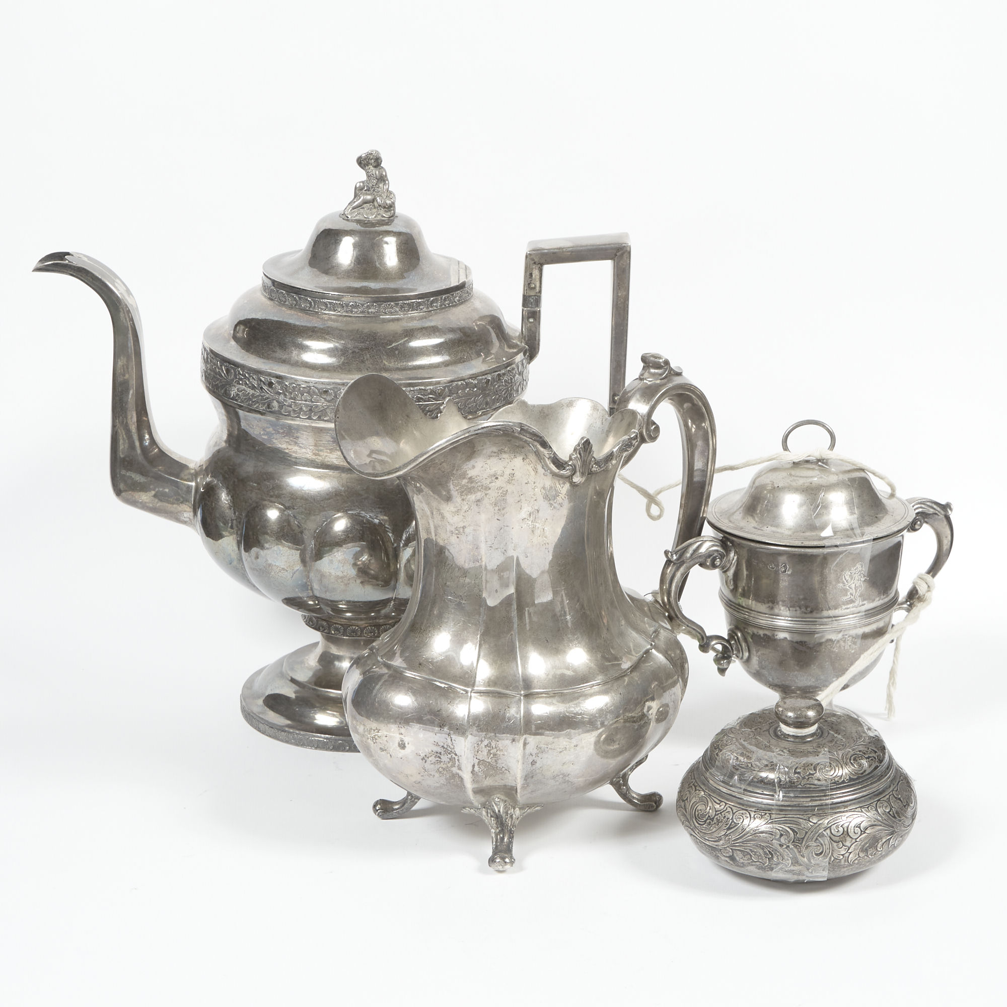 Lot image - Silver Coffee Set Consisting of Pot, Pitcher, 2 Bowls with 2 loose covers, 92 ozs.