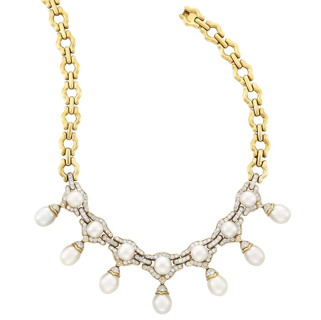 Lot image - Gold, South Sea Cultured Pearl and Diamond Necklace