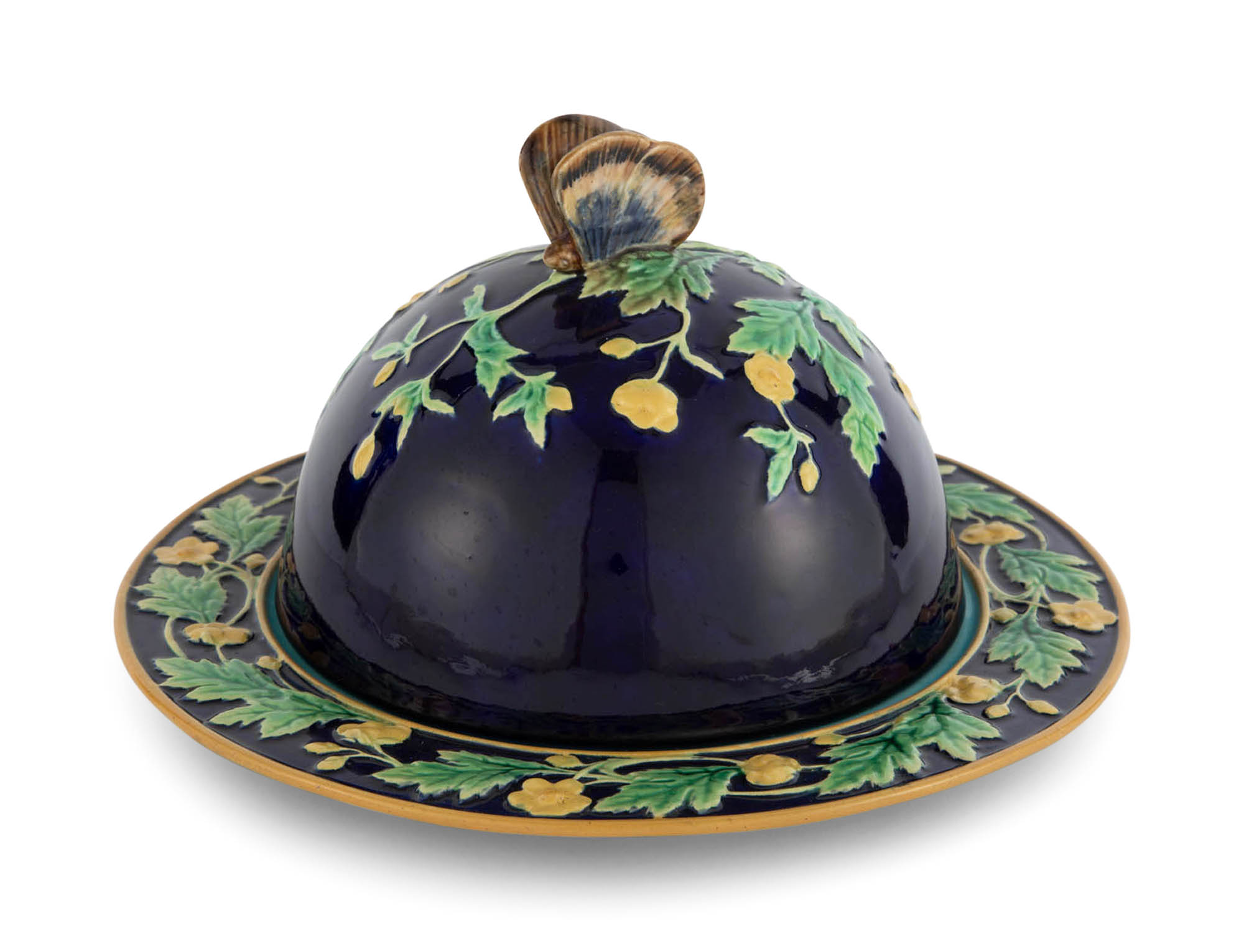 Lot image - George Jones Majolica Cobalt-Blue Ground Butterfly and Buttercup Muffin Dome and Stand