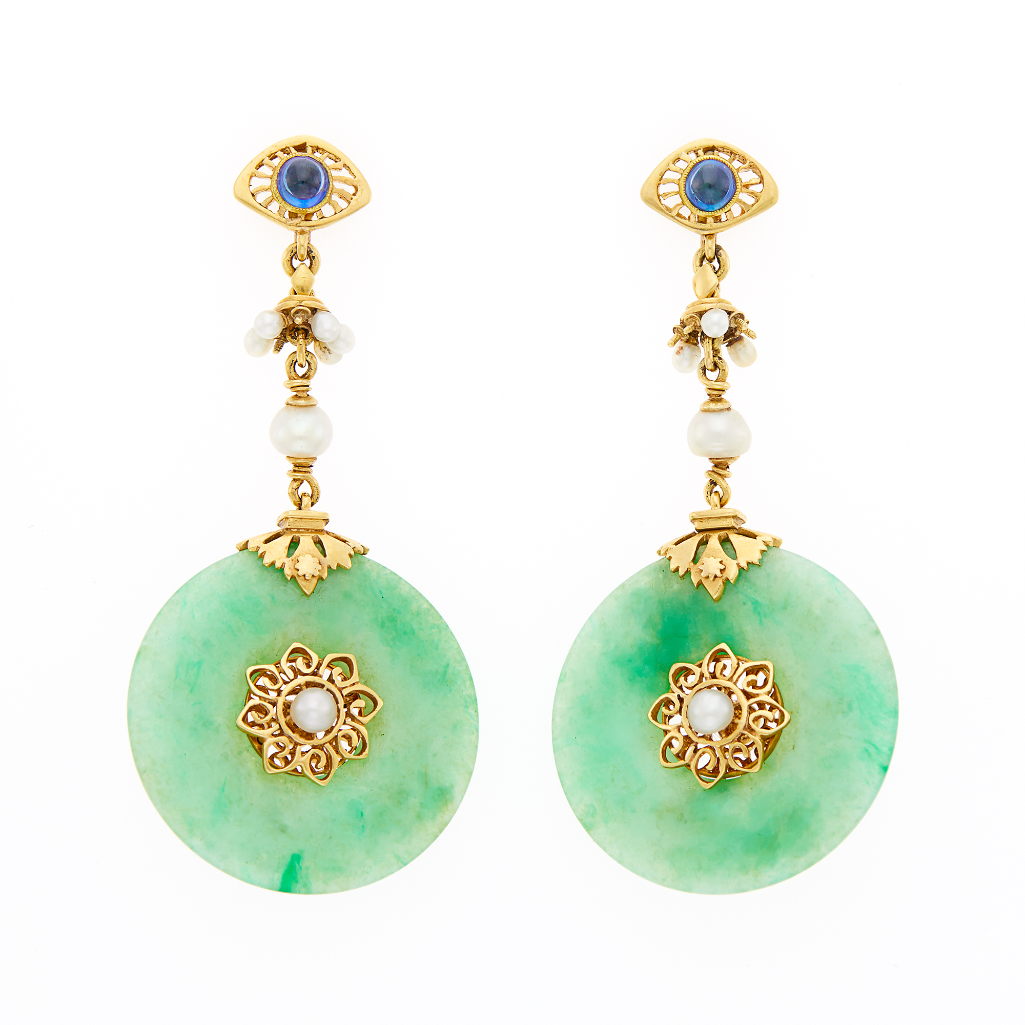 Lot image - Pair of Gold, Jade, Cultured and Seed Pearl and Cabochon Sapphire Pendant-Earrings