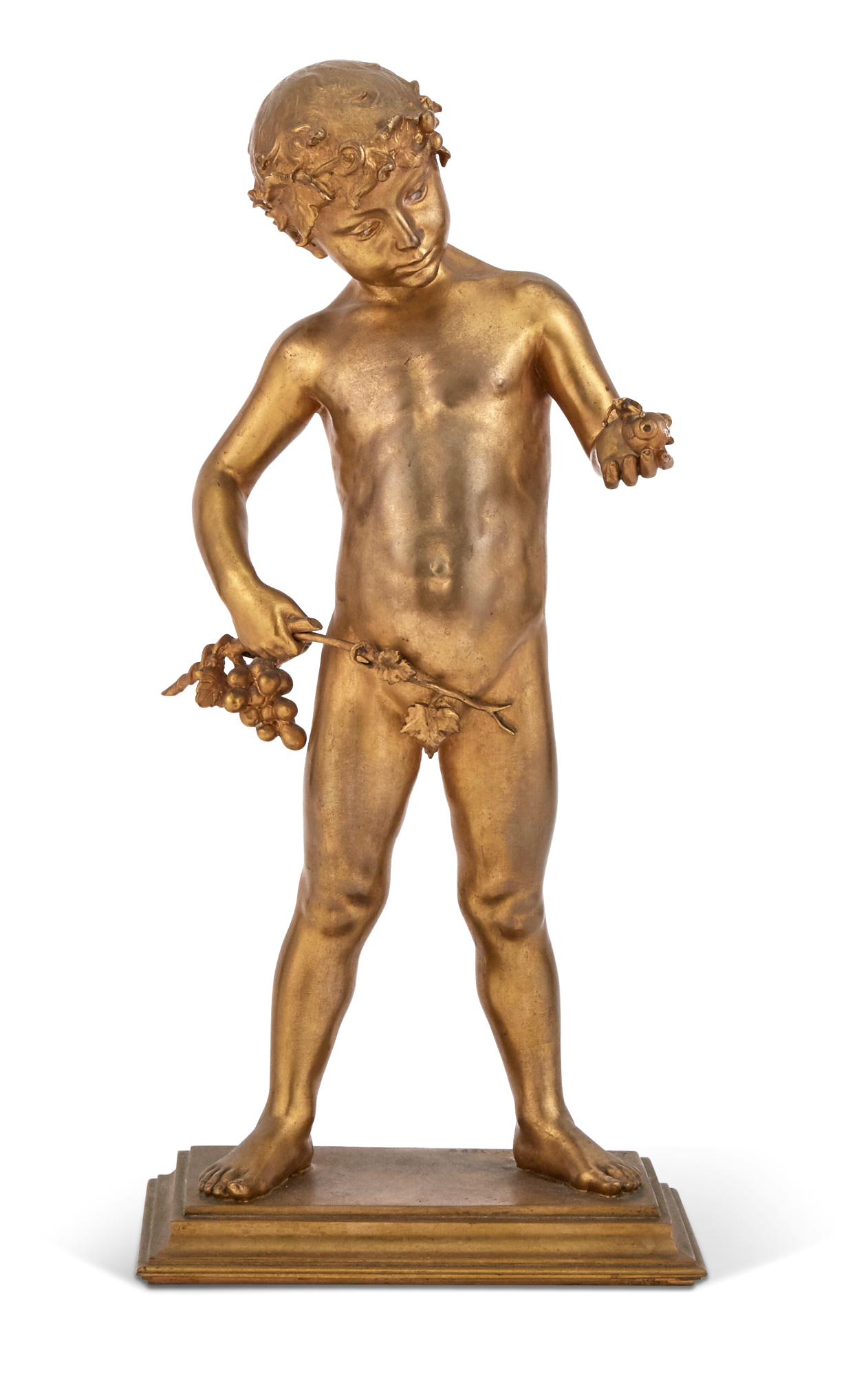 Lot image - French Gilt-Bronze Figure of Bacchus Holding a Bunch of Grapes and a Snail