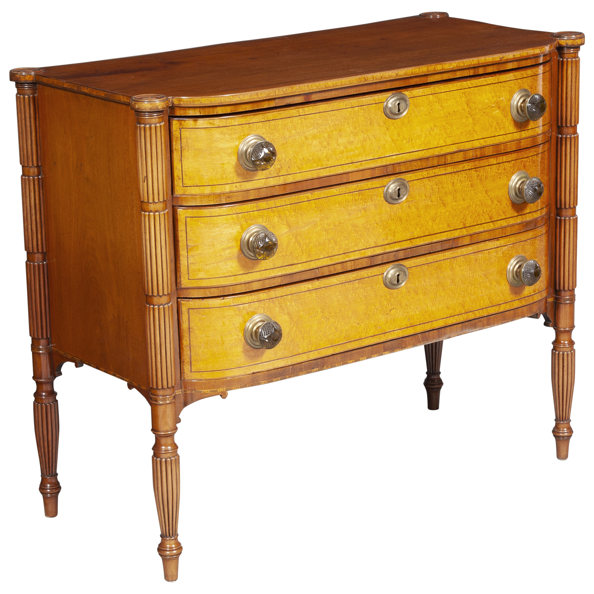 Lot image - Classical Inlaid Mahogany and Birds Eye Maple Bow Front Chest of Drawers