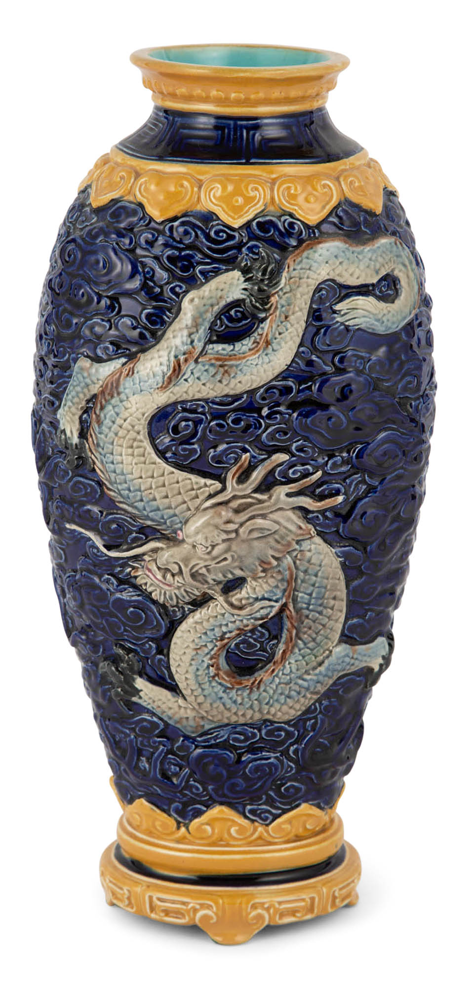 Lot image - T.C. Brown-Westhead, Moore & Co. Majolica Cobalt-Blue Ground Dragon and Phoenix Vase
