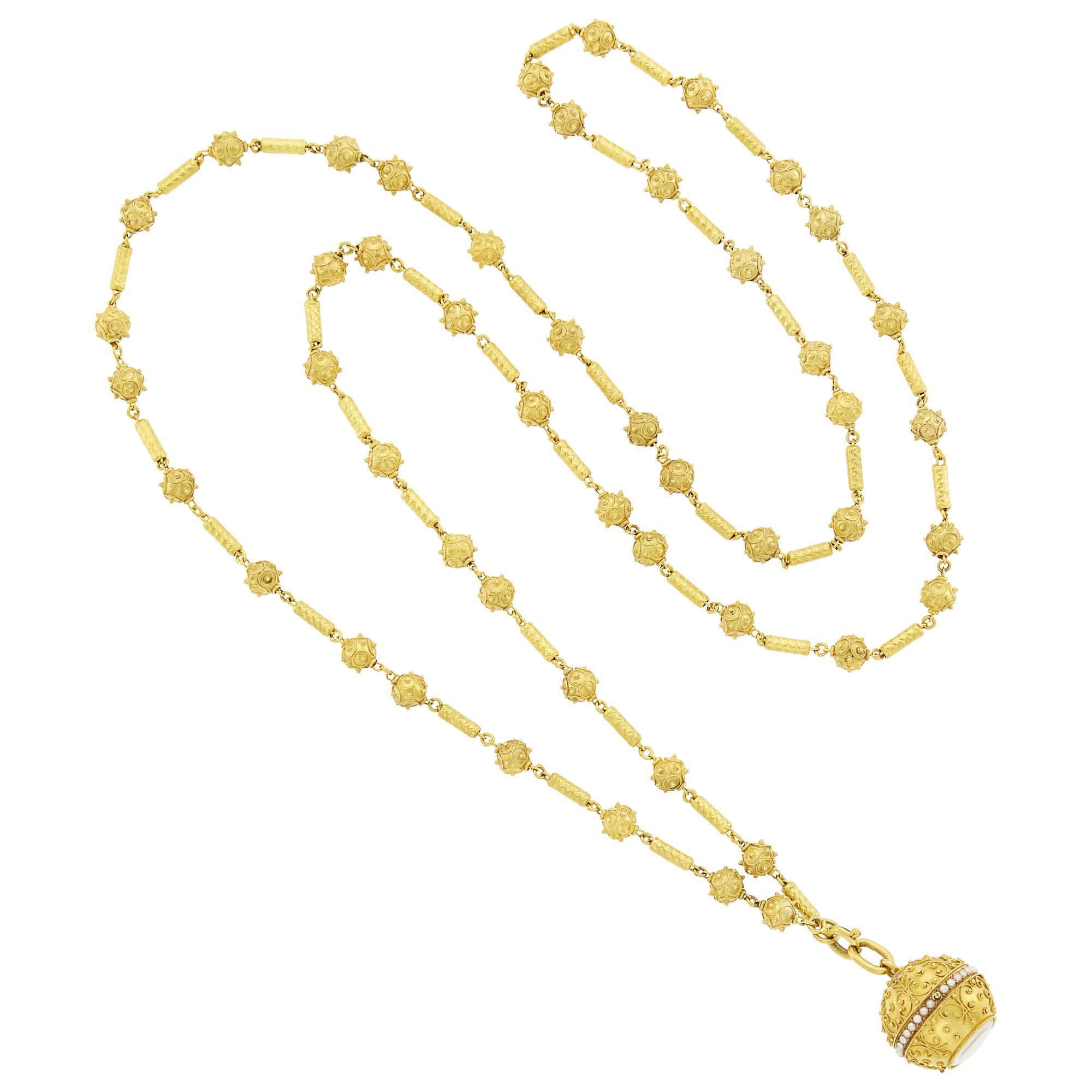 Lot image - Antique Gold, Split Pearl and Diamond Pendant-Watch with Long Gold Bead Chain Necklace