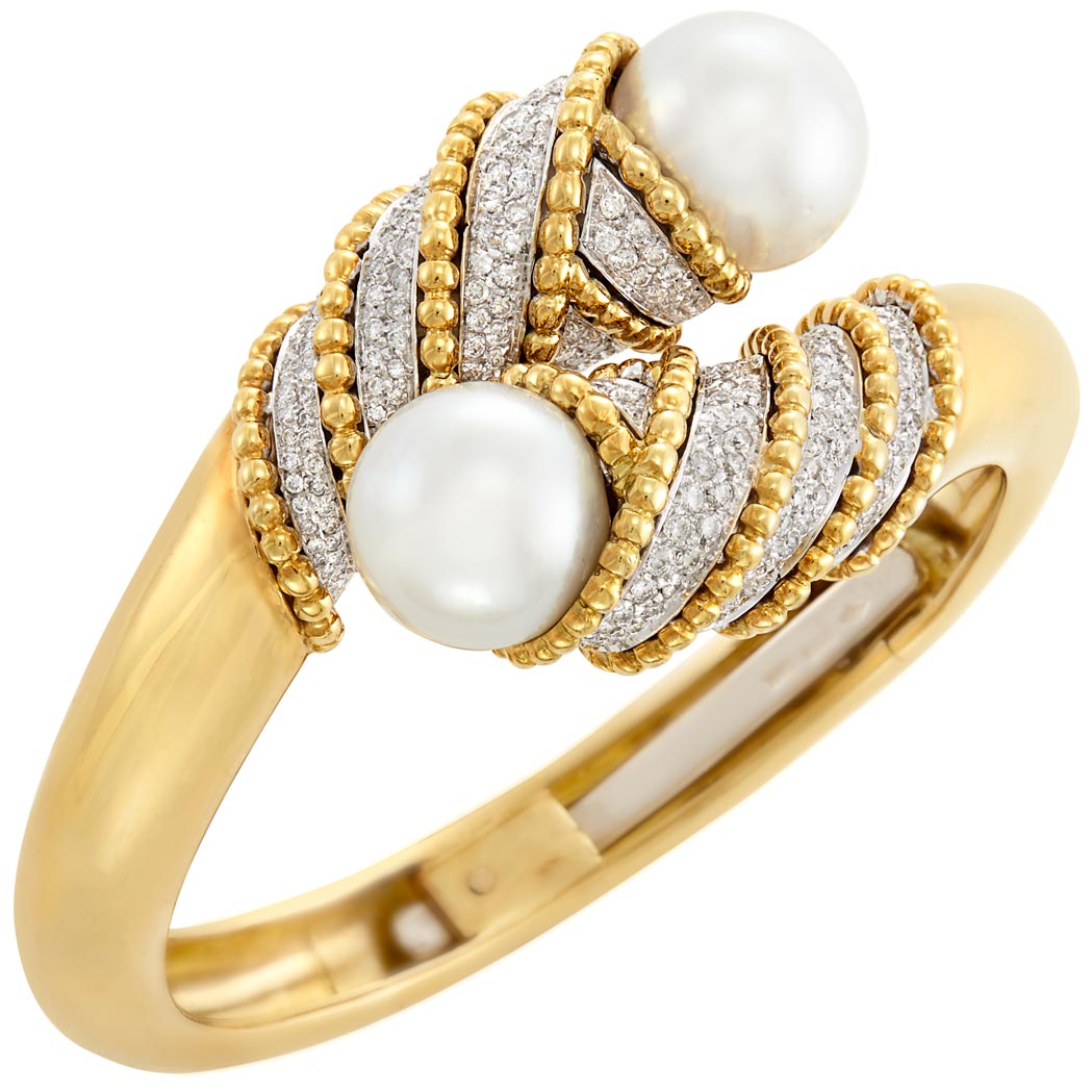 Lot image - Two-Color Gold, South Sea Cultured Pearl and Diamond Crossover Bangle Bracelet