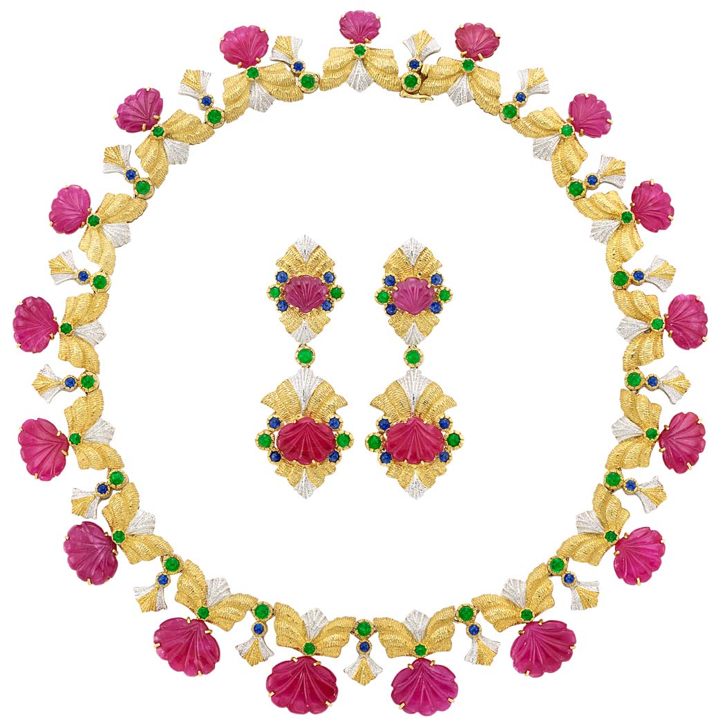 Lot image - Two-Color Gold, Carved Ruby and Cabochon Gem-Set Necklace and Pair of Pendant-Earrings