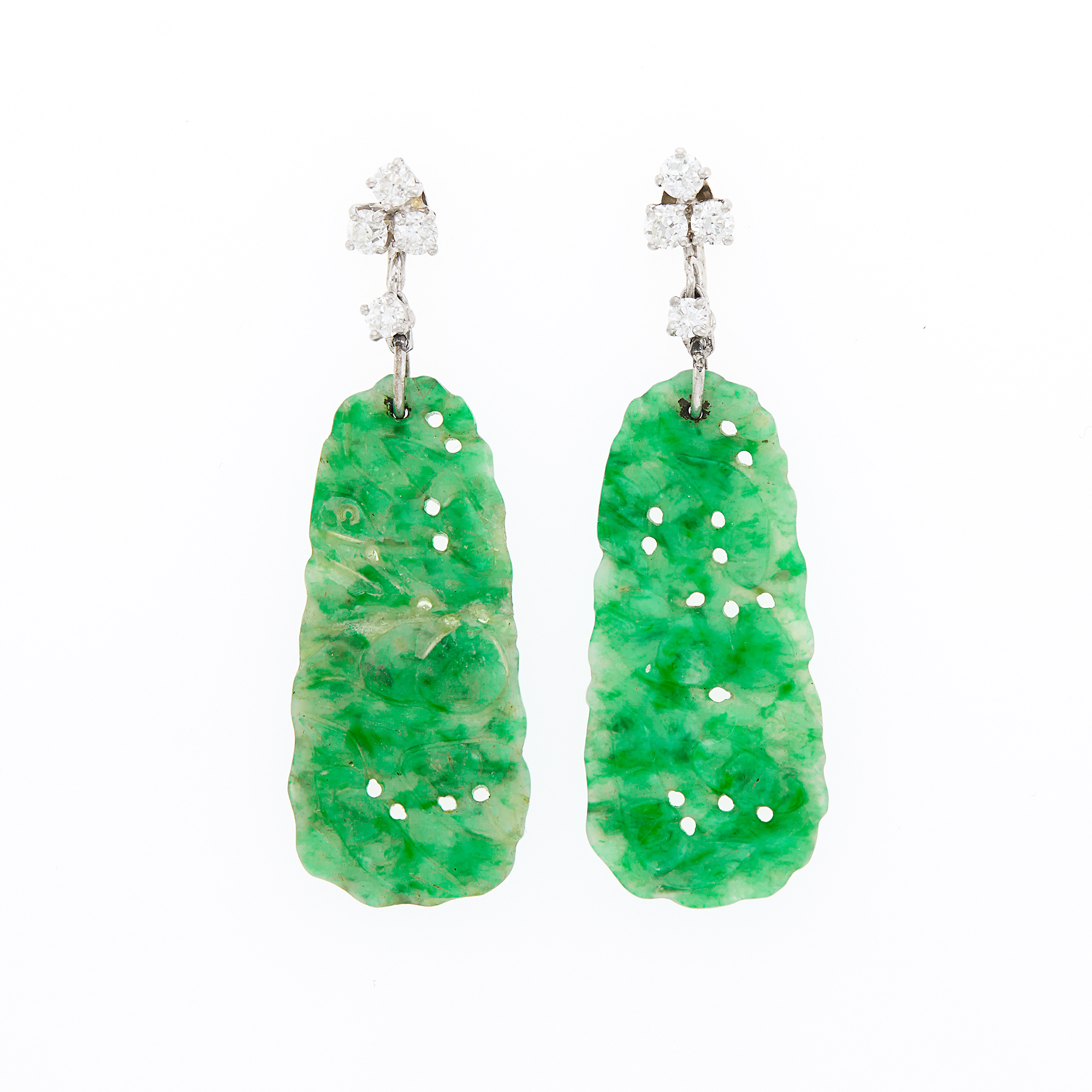 Lot image - Pair of White Gold, Carved Jade and Diamond Earrings