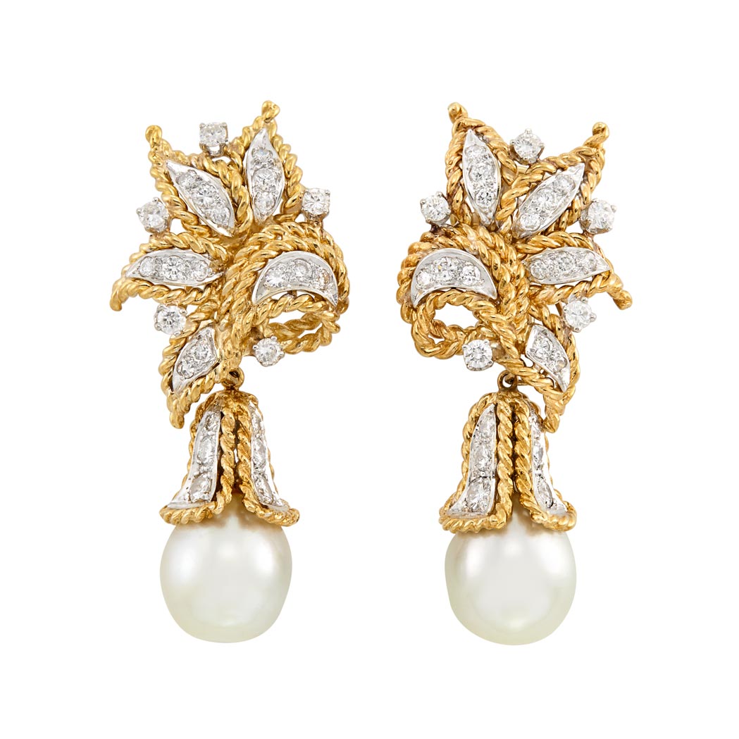Lot image - Pair of Two-Color Gold, Diamond and Cultured Pearl Pendant-Earclips