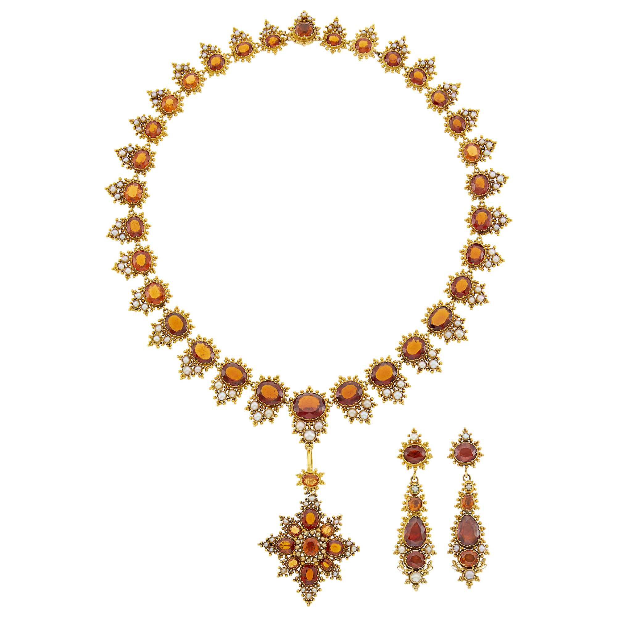 Lot image - Gold, Orange Garnet and Pearl Pendant-Brooch Necklace and Pair of Pendant-Earrings
