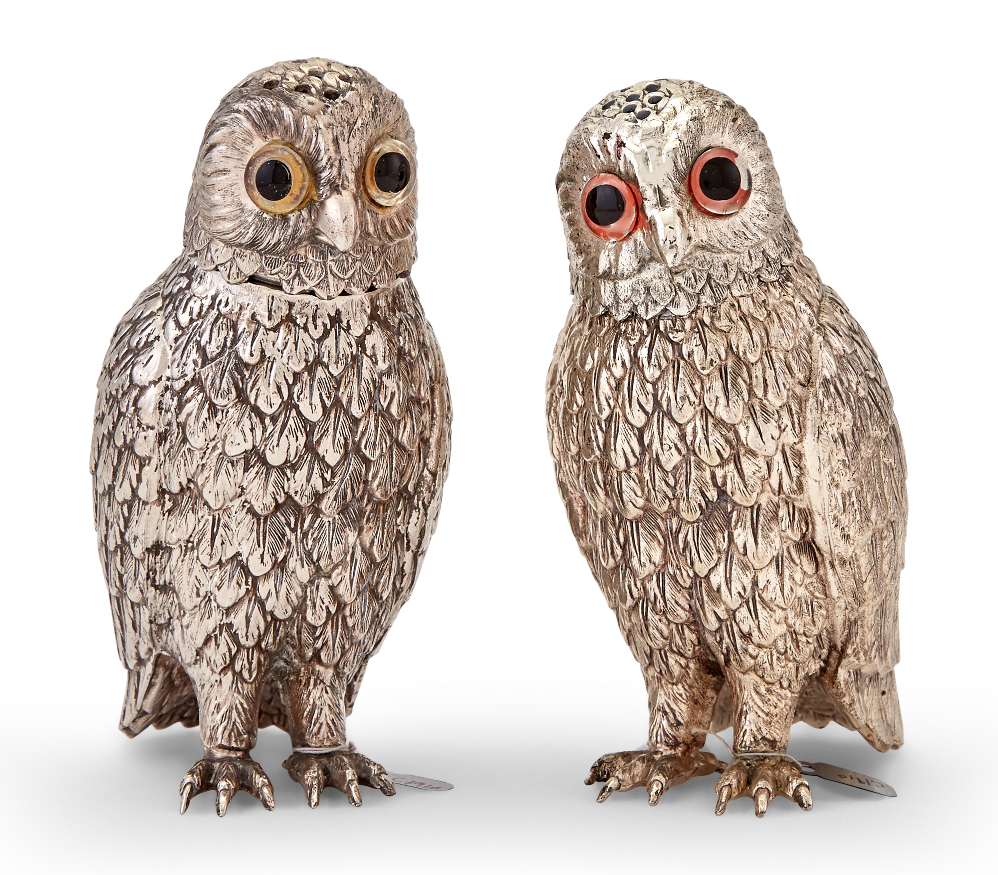 Lot image - Pair of Novelty Silver Plated Owl Form Sugar Casters