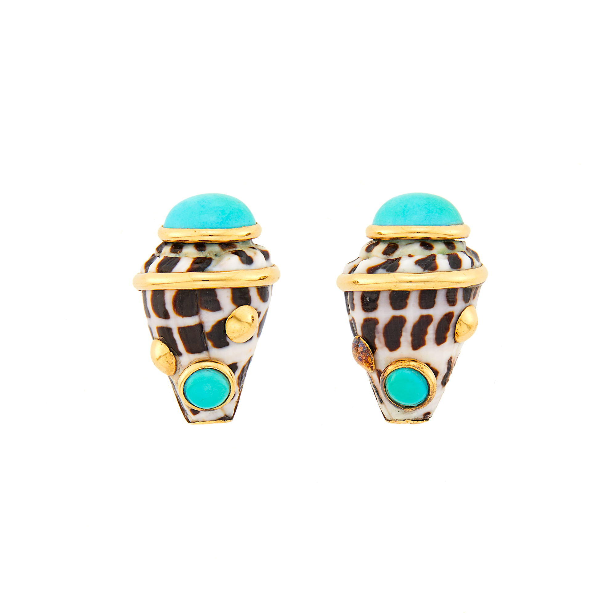 Lot image - Maz Pair of Gold, Spotted Shell and Turquoise Earrings