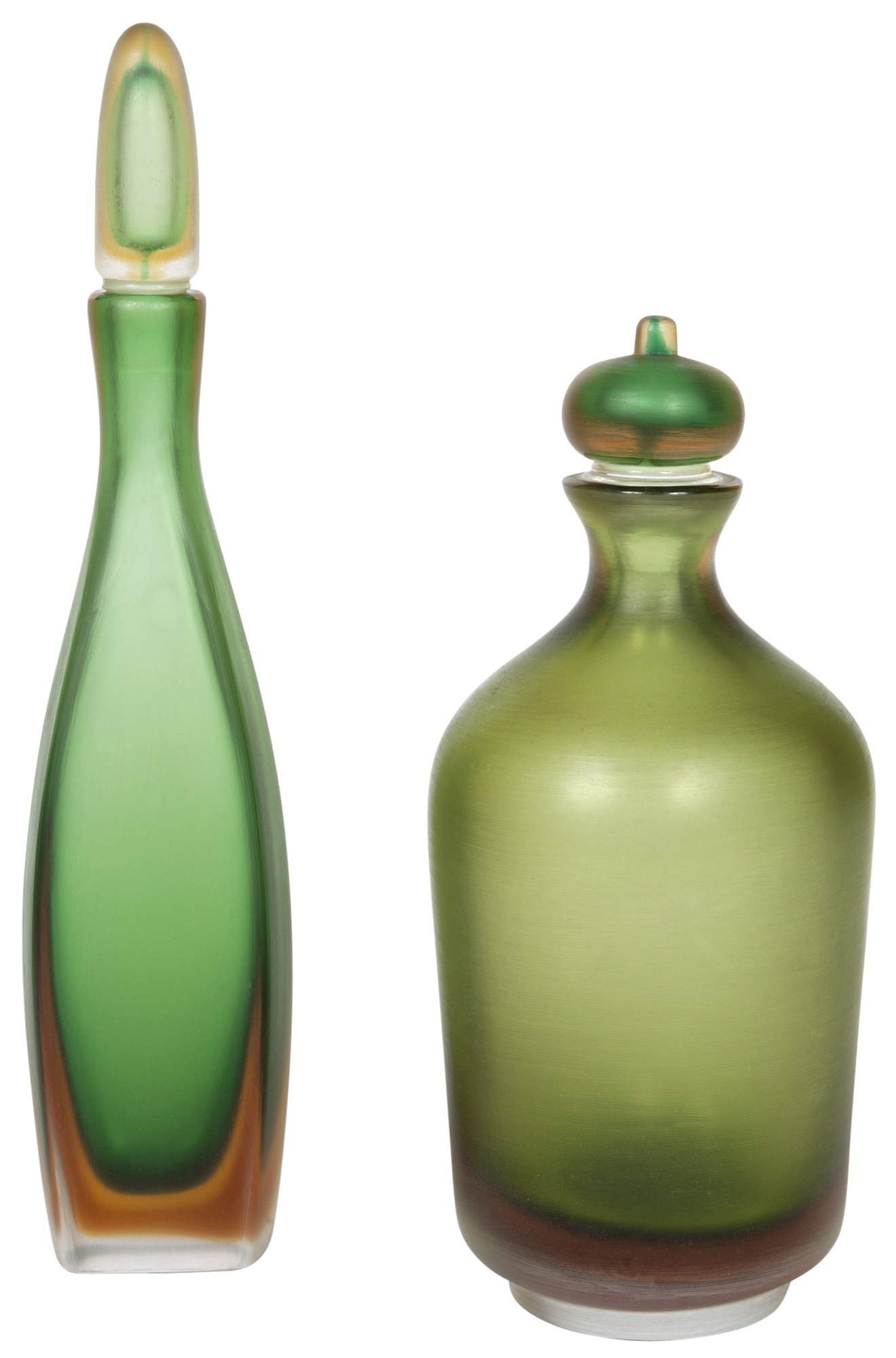 Lot image - Two Venini Green Inciso Glass Bottles with Stoppers