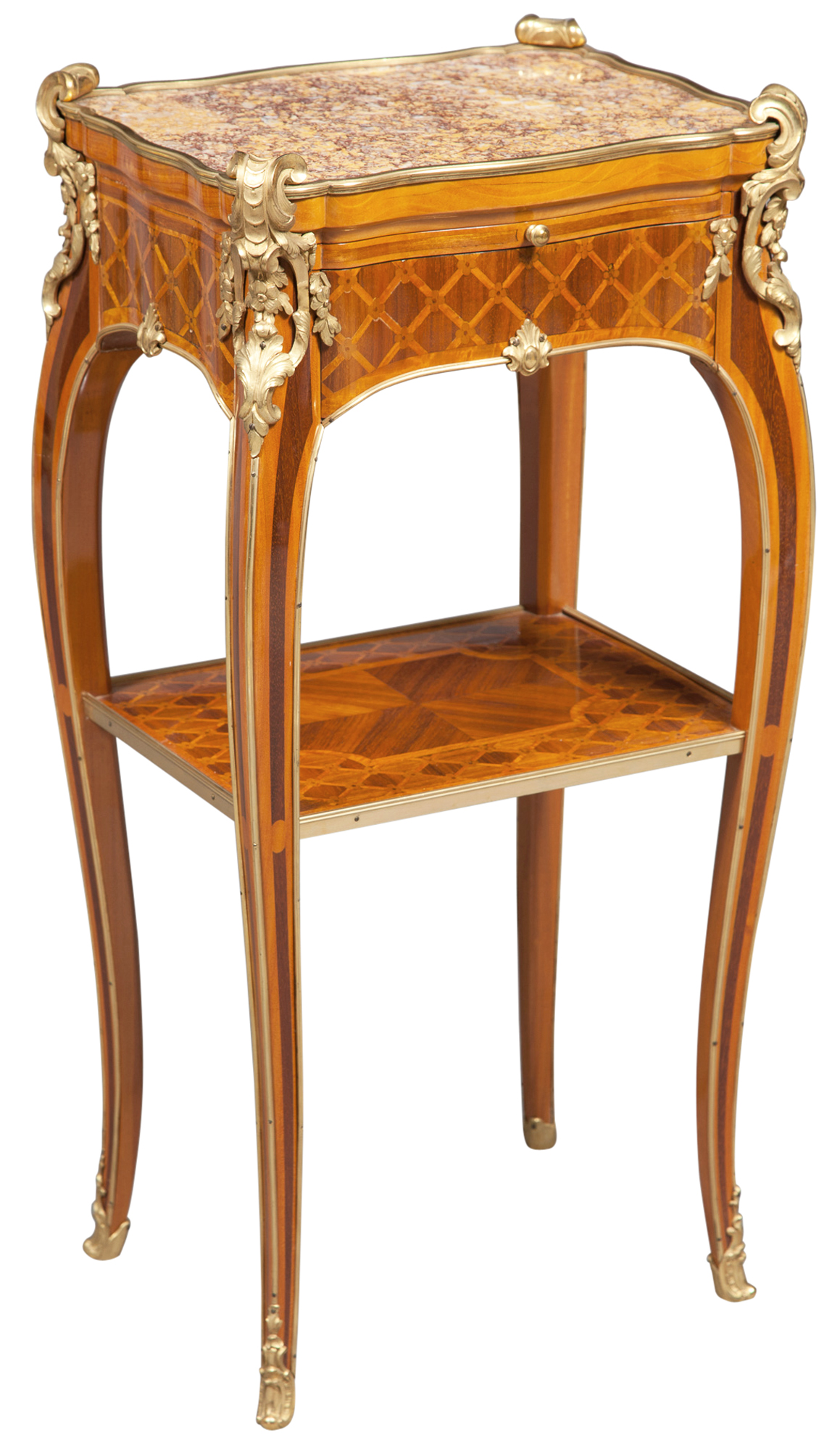 Lot image - Louis XV Style Gilt-Metal Mounted Tulipwood and Kingwood Parquetry Inlaid Side Table
