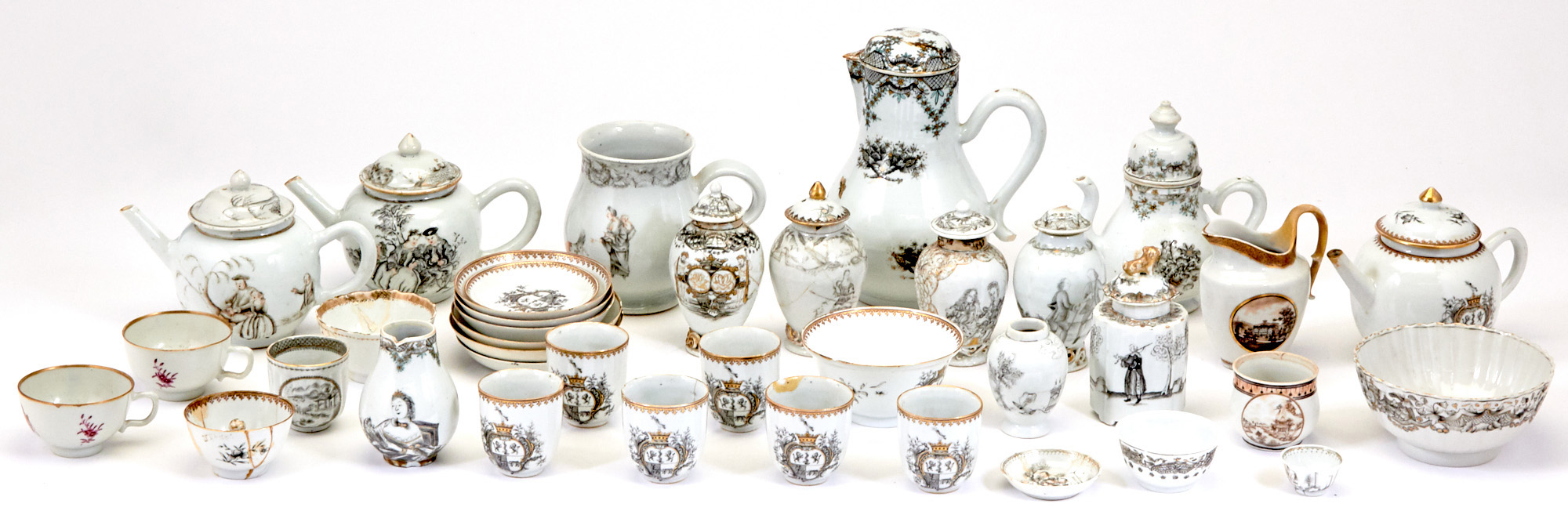 Lot image - A Large Assortment of Chinese Grisaille Decorated Export Porcelain Articles