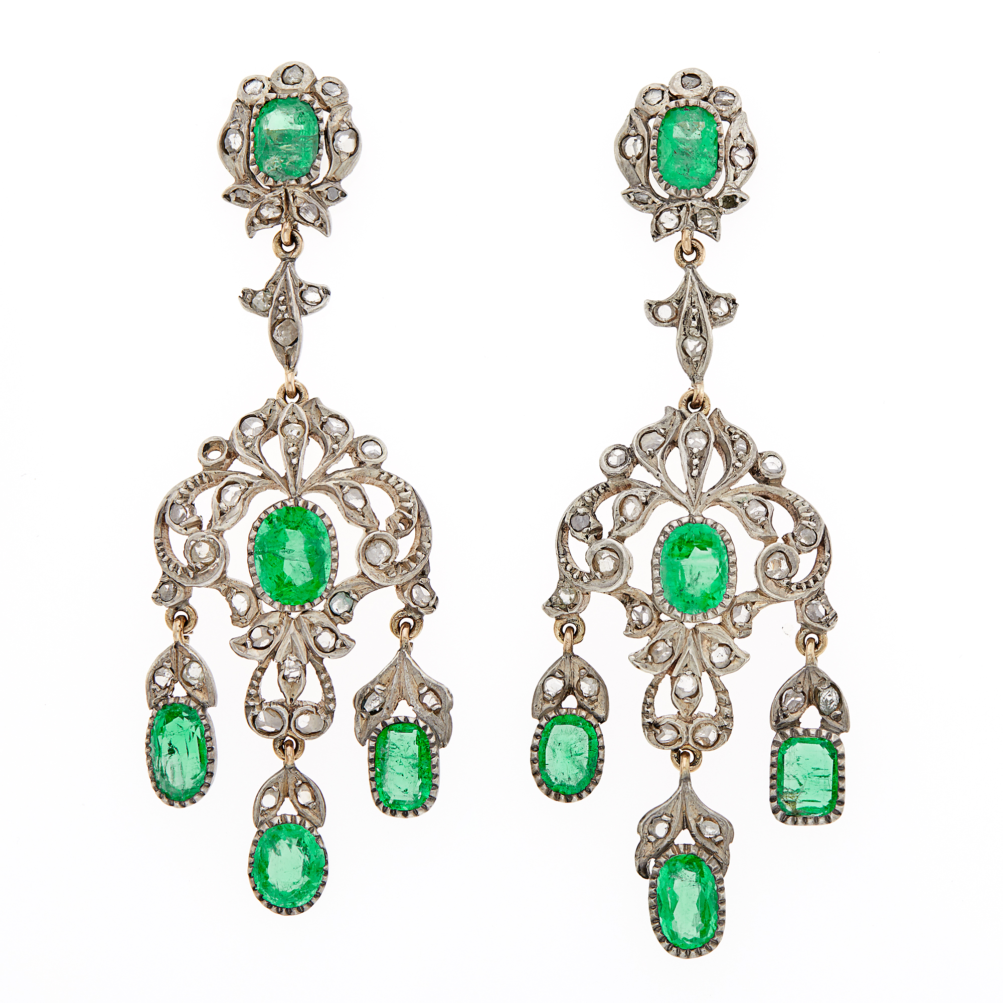 Lot image - Pair of Silver, Gold, Emerald and Diamond Girandole Pendant-Earrings