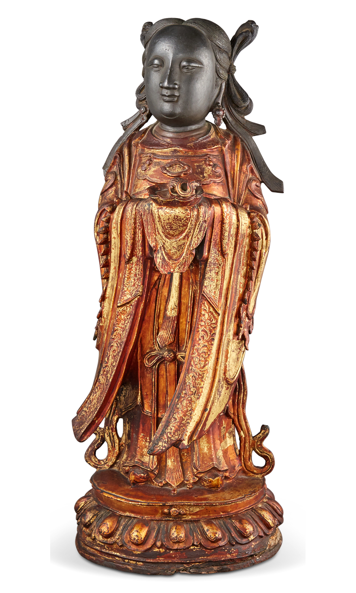 Lot image - A Large and Rare Chinese Parcel Gilt Lacquered Bronze Figure of a Female Attendant