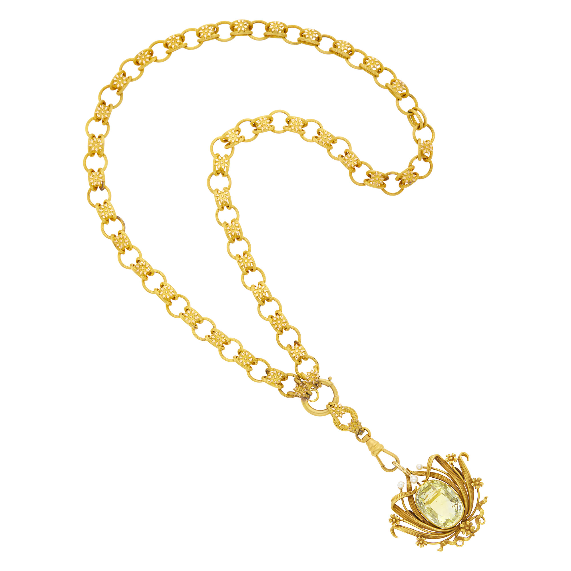 Lot image - Antique Gold Chain Necklace with Antique Gold, Yellow Sapphire and Seed Pearl Pendant-Brooch