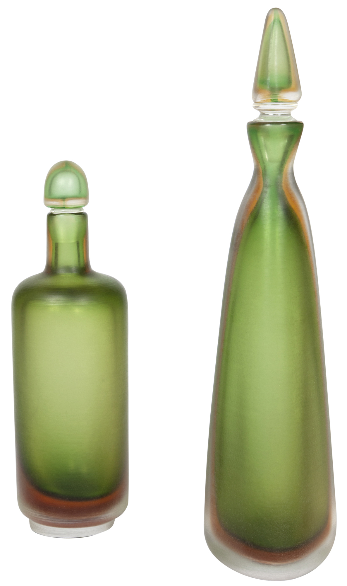 Lot image - Two Venini Green Inciso Glass Bottles with Stoppers