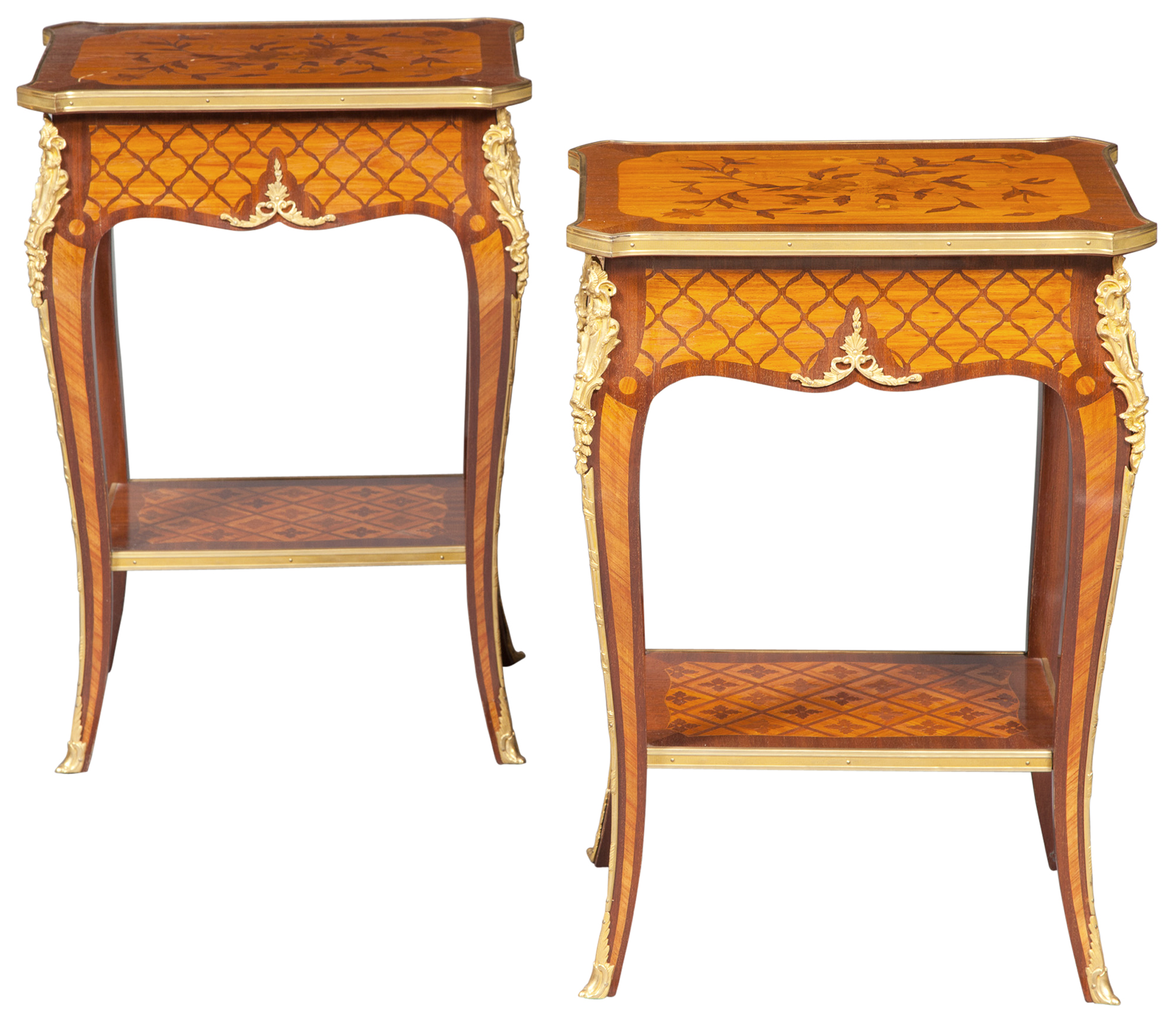 Lot image - Pair of Louis XV Style Gilt-Metal Mounted Kingwood Marquetry and Parquetry Inlaid Side Tables