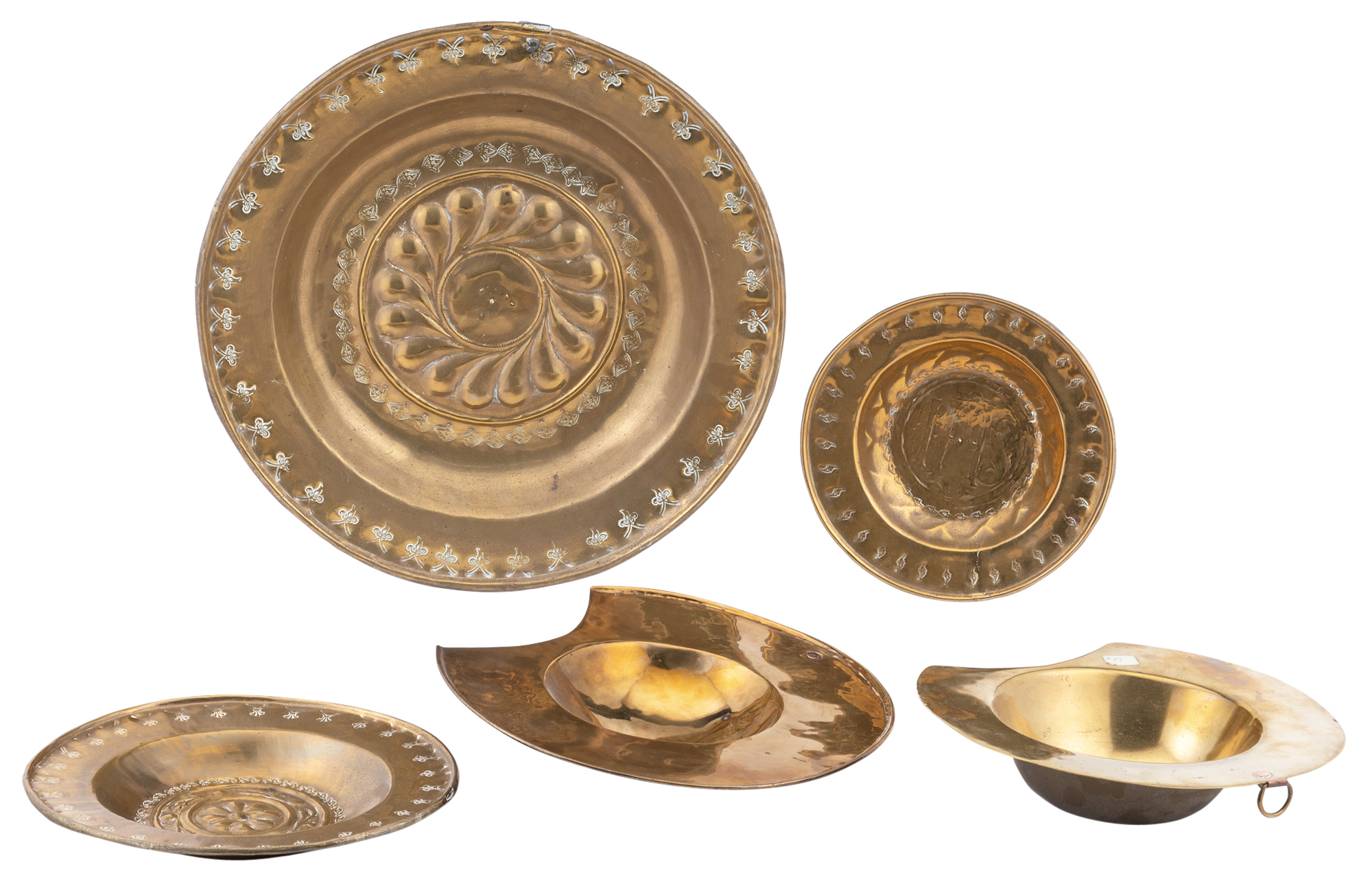 Lot image - Three Brass Alms Dishes; Together with Two Brass Barber Bowls