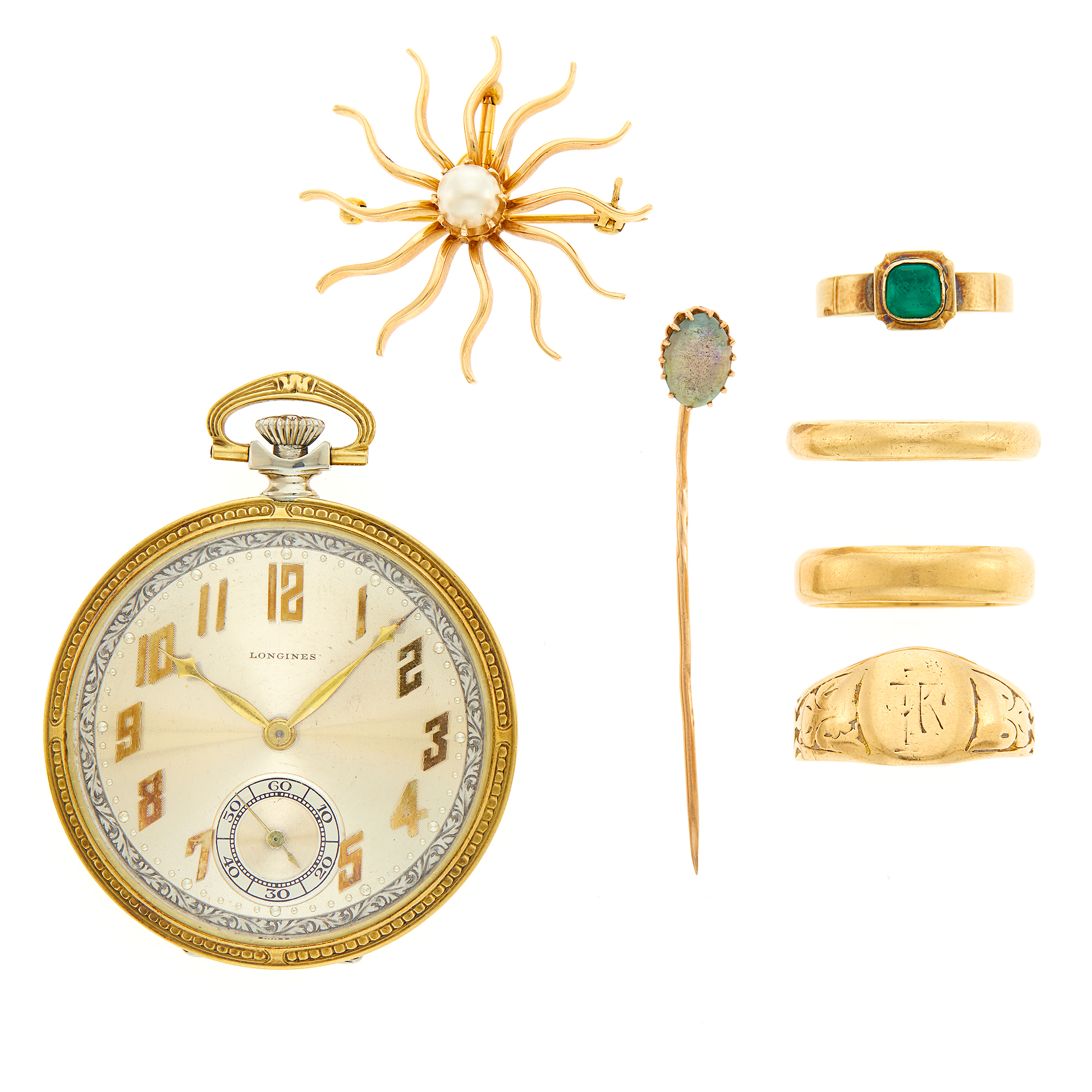 Lot image - Group of Gold and Low Karat Gold Jewelry and Longines Two-Color Gold Open Face Pocket Watch