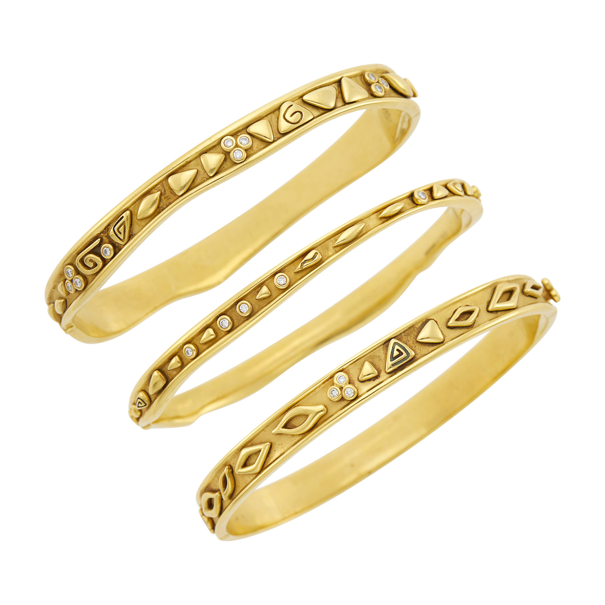 Lot image - Temple St. Clair Three Gold and Diamond Bangle Bracelets