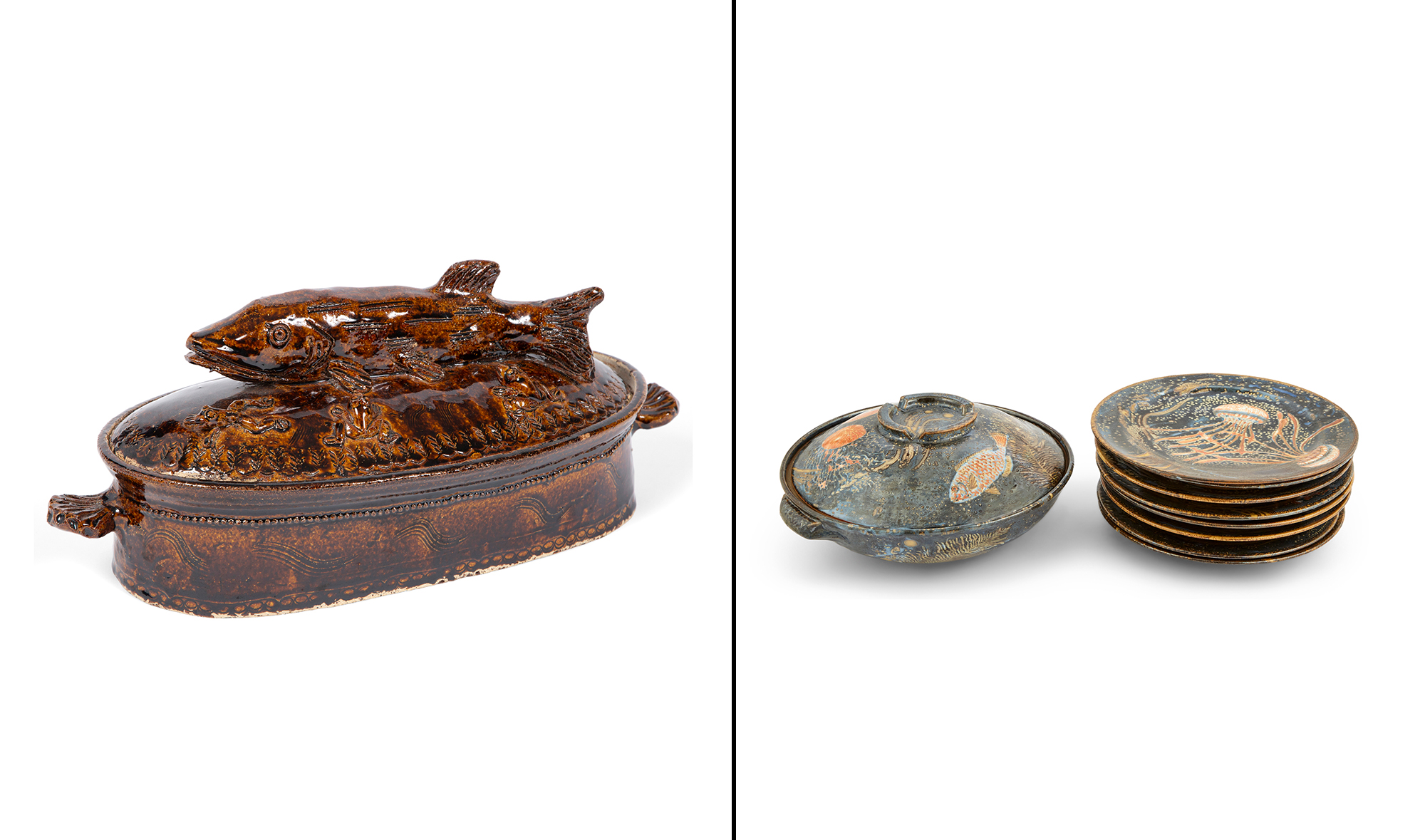 Lot image - Set of Eight Glazed Stoneware Sea Life Plates and Bowl en Suite