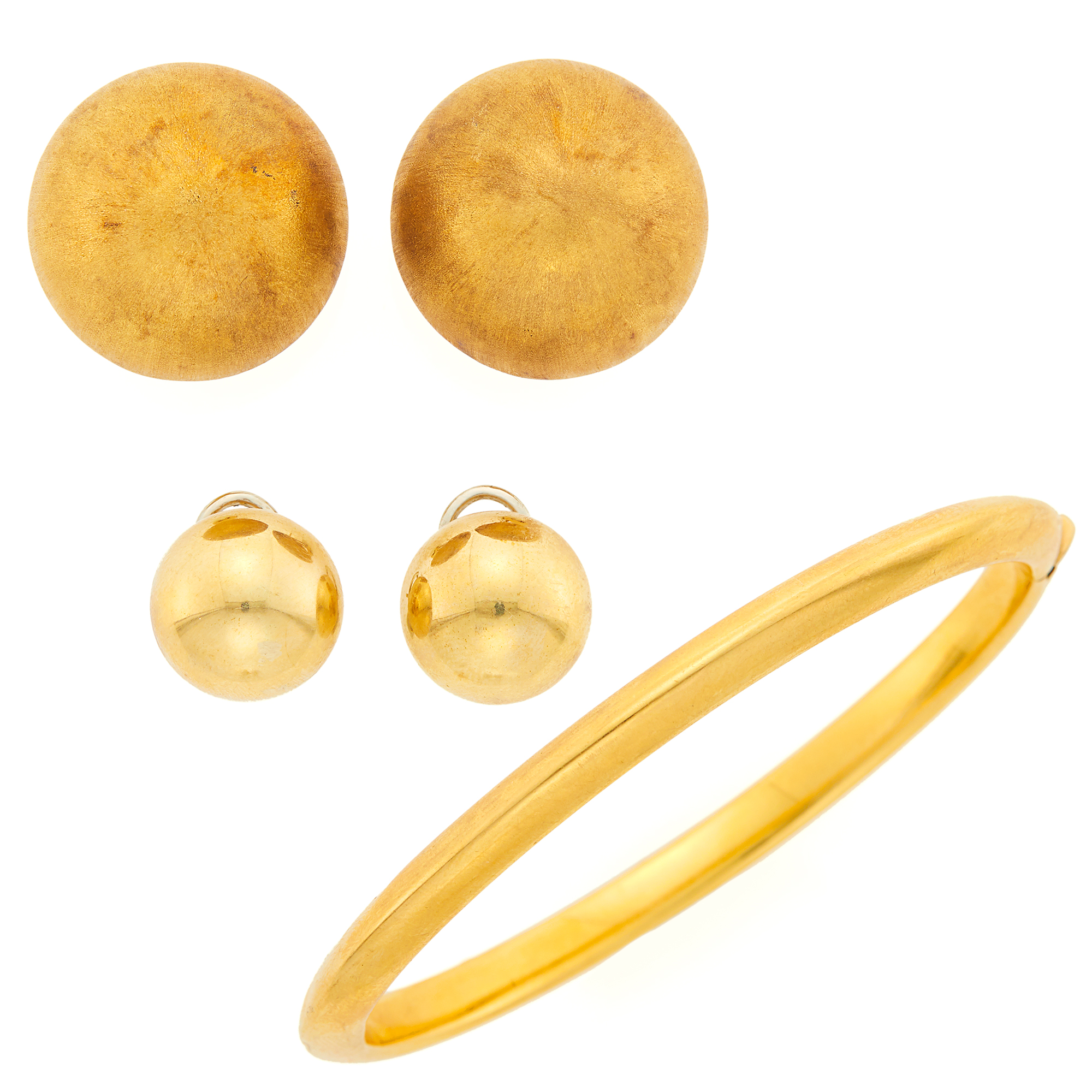 Lot image - Gold Bangle Bracelet and Two Pairs of Dome Earrings
