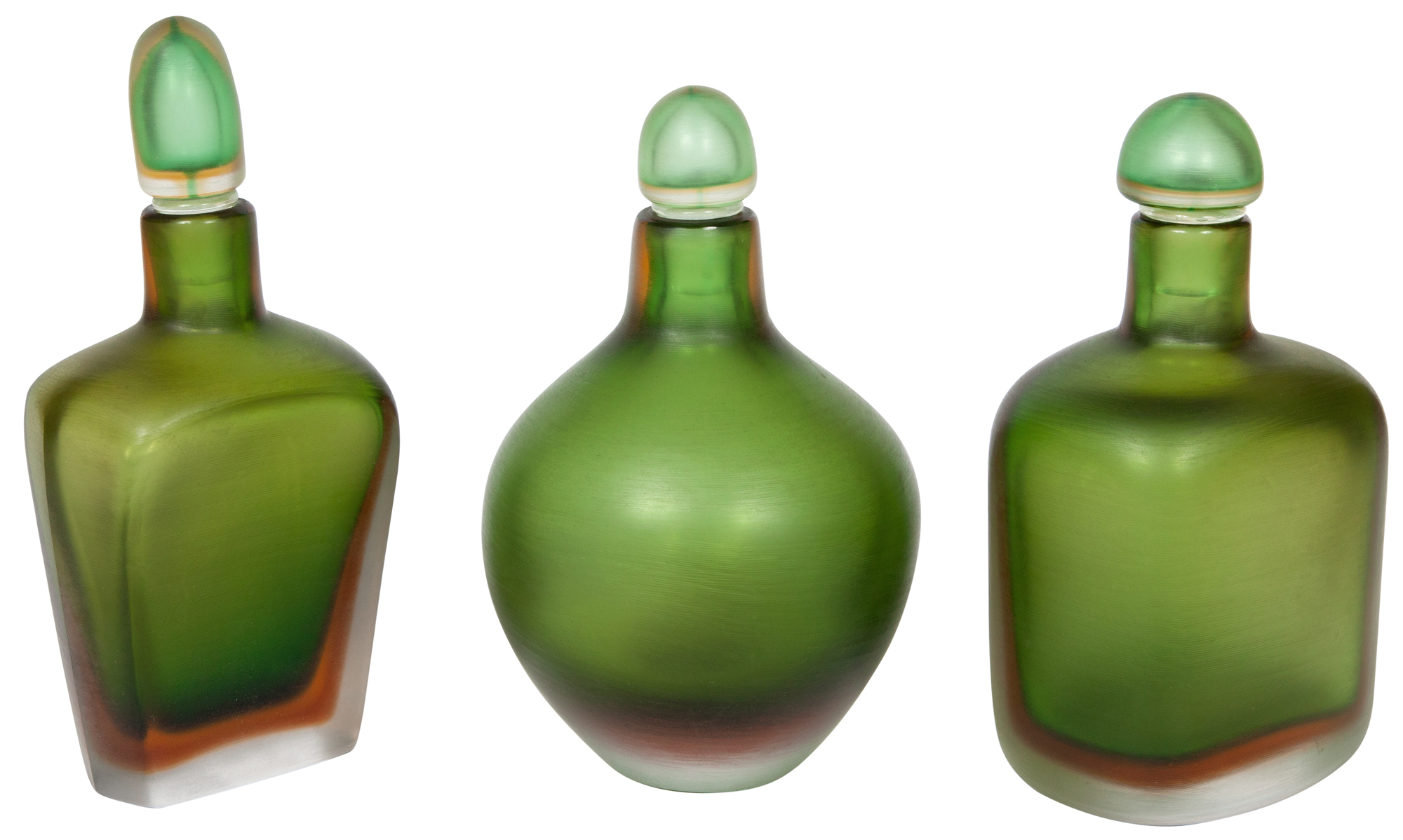 Lot image - Three Venini Green Inciso Glass Bottles with Stoppers