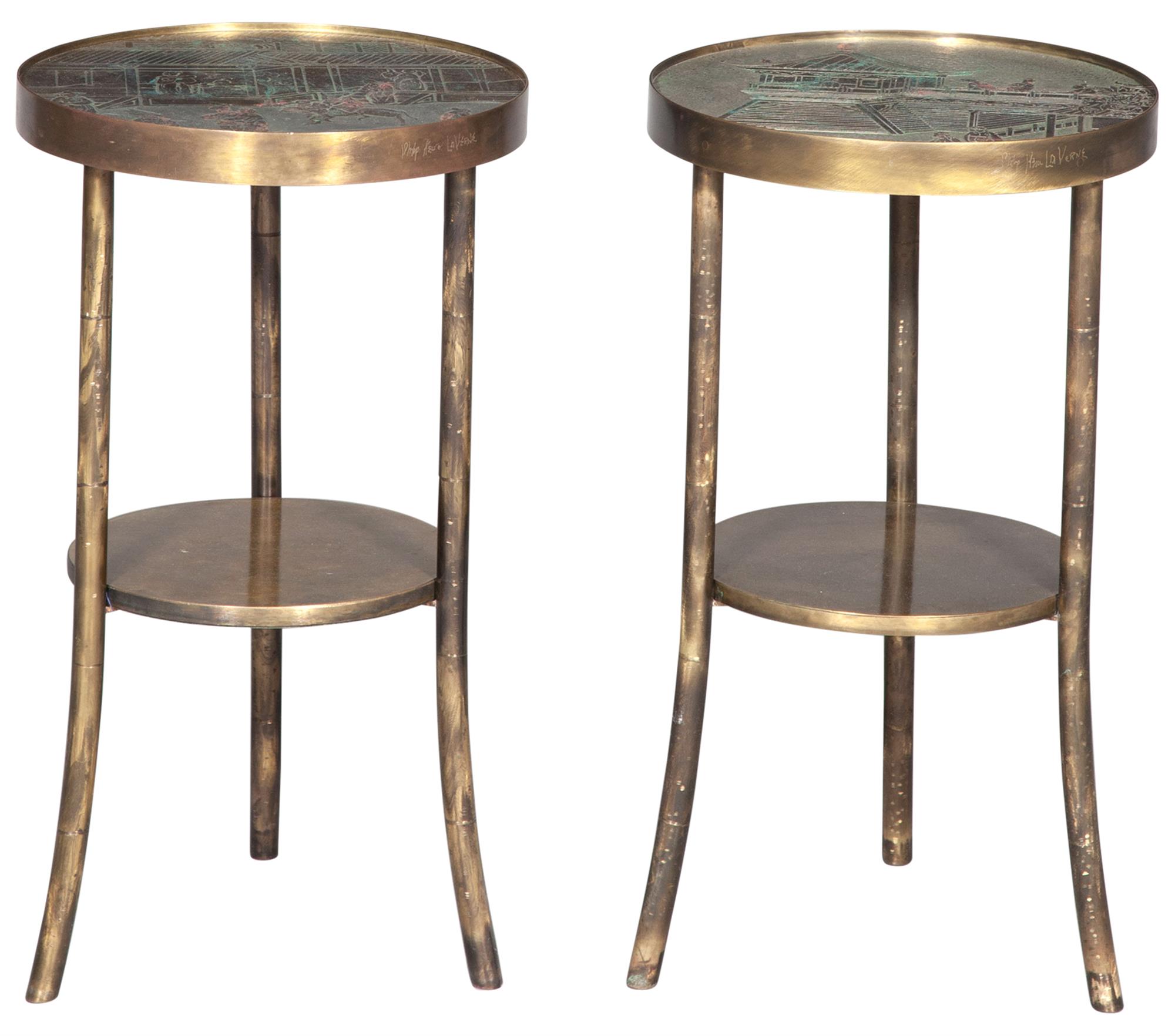 Lot image - Pair of Philip and Kelvin LaVerne Acid-Etched, Enamelled and Patinated Bronze Occasional Tables