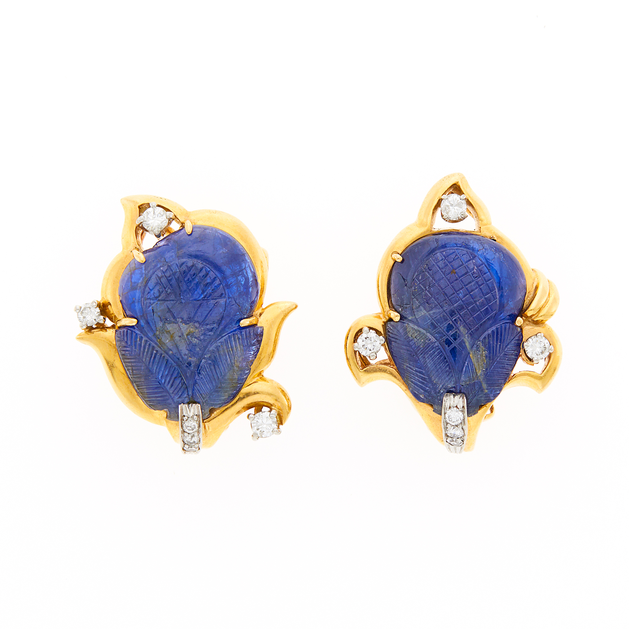 Lot image - Pair of Gold, Carved Sapphire and Diamond Earclips
