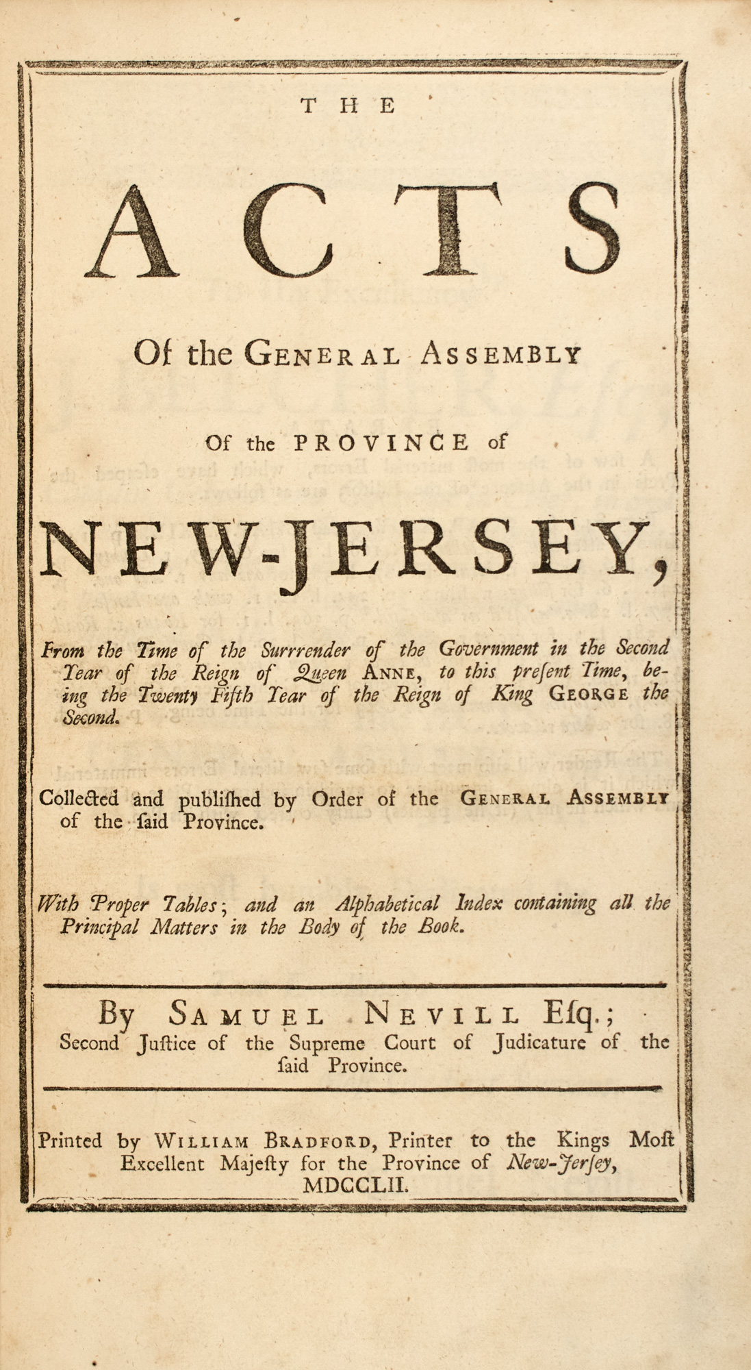 Lot image - [NEW JERSEY] NEVILL, SAMUEL. The Acts of the General Assembly of the Province of New-Jersey, From the Time of the Surrender of...