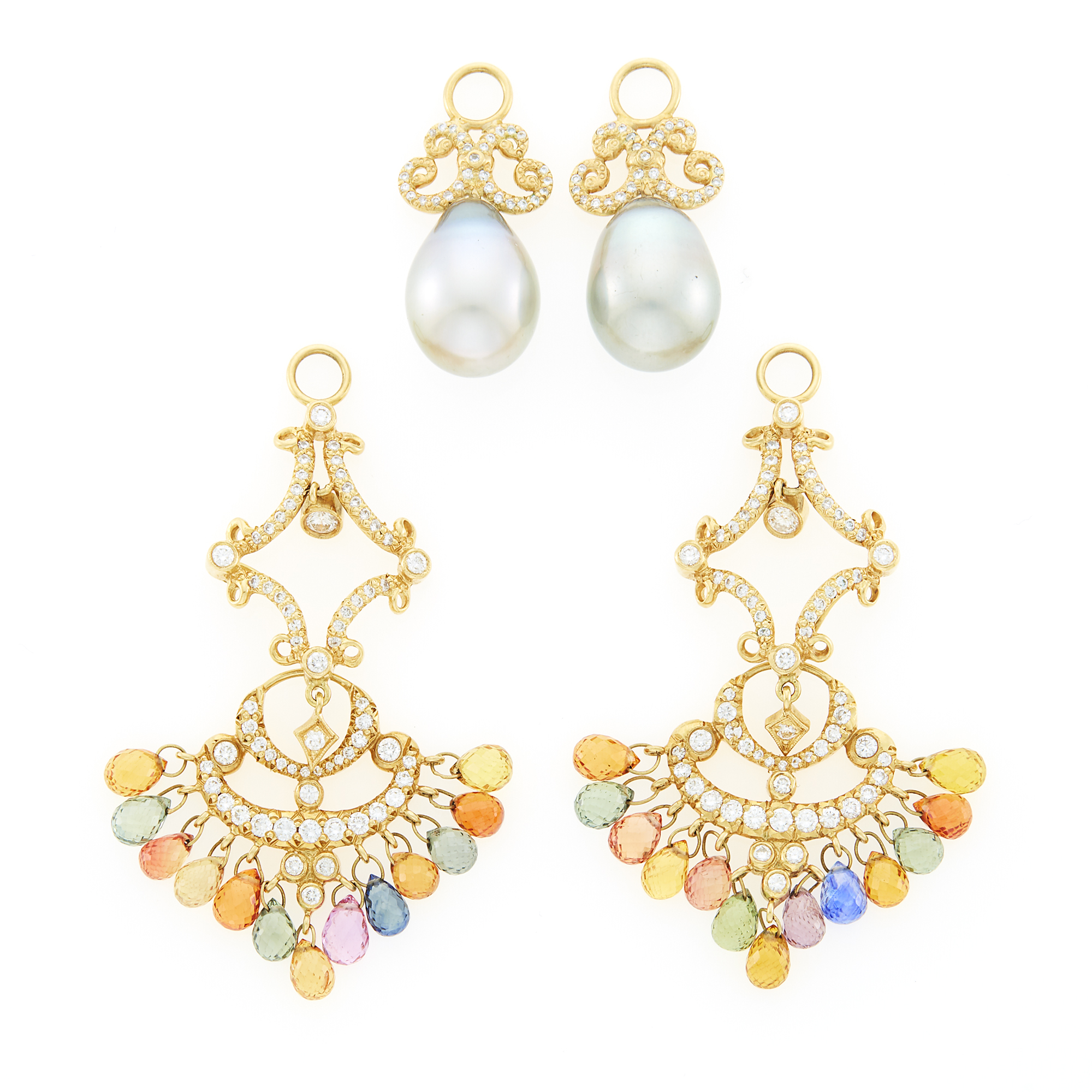 Lot image - Two Pairs of Two-Color Gold, Diamond, Gray Cultured Pearl and Multicolored Sapphire Briolette Earring Pendants
