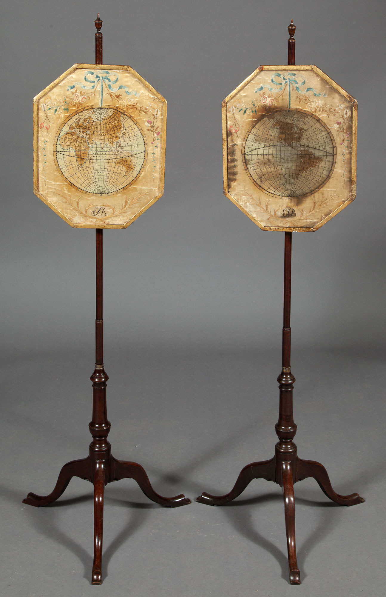 Lot image - Pair of George III Style Needlework and Mahogany Pole Screens