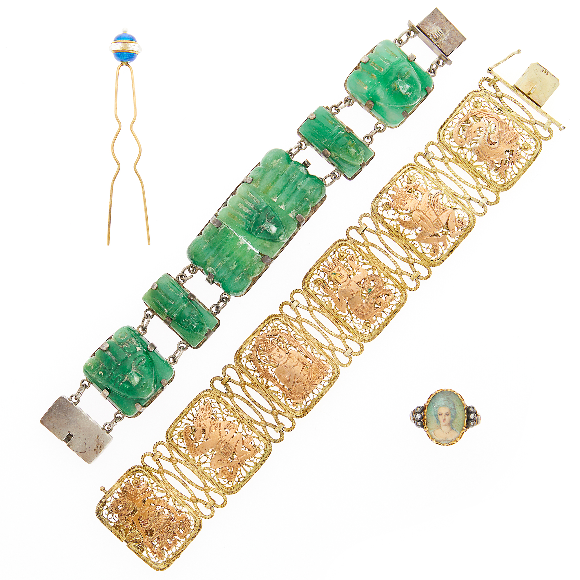 Lot image - Group of Silver, Silver-Gilt, Enamel and Hardstone Jewelry