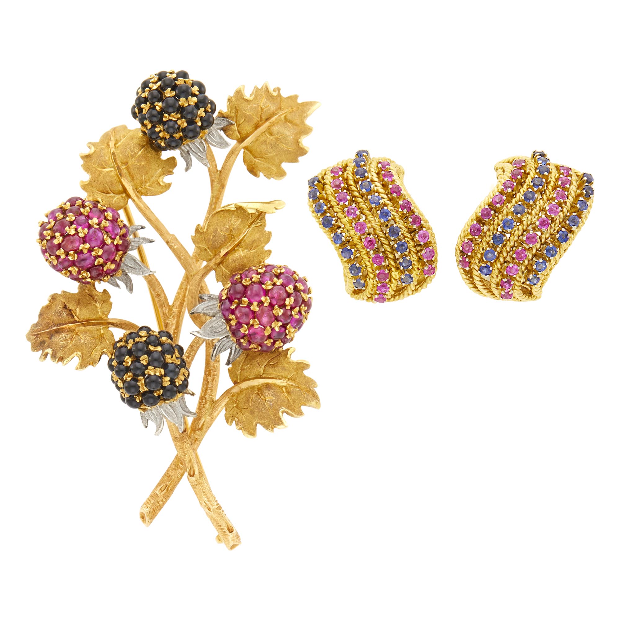 Lot image - Pair of Gold, Ruby and Sapphire Earrings and Buccellati Two-Color Gold, Cabochon Ruby and Black Onyx Berry Brooch