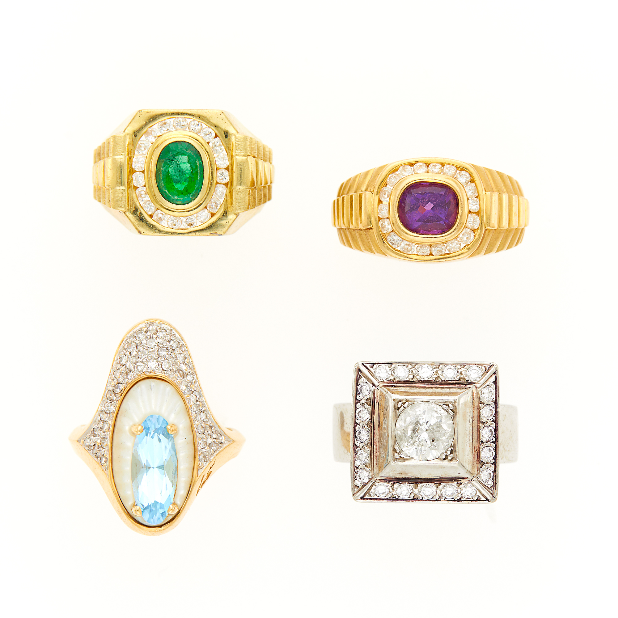 Lot image - Three Gold, Colored Stone and Diamond Rings and White Gold and Diamond Ring