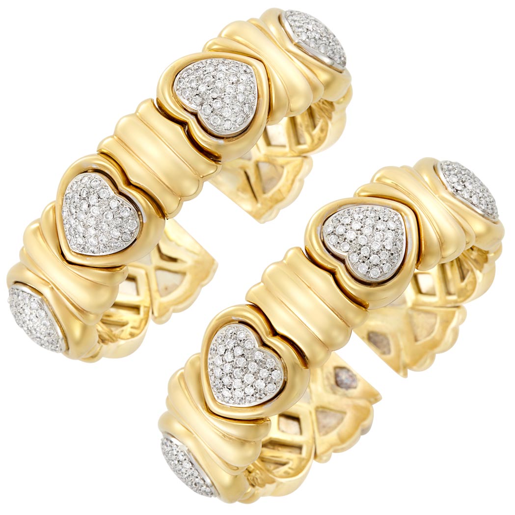 Lot image - Pair of Two-Color Gold and Diamond Bangle Bracelets