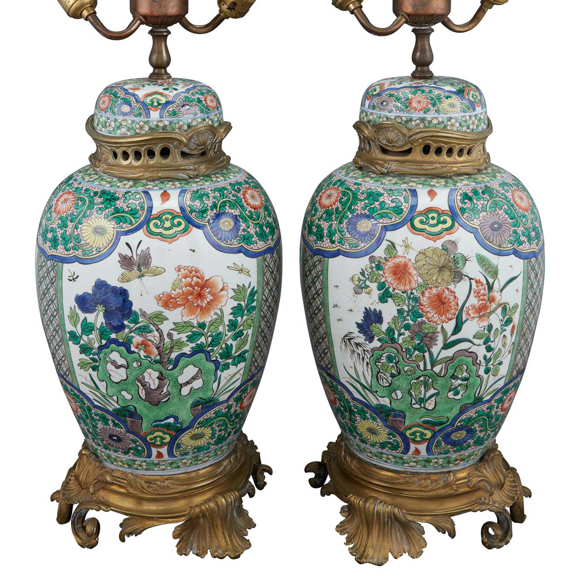 Lot image - Pair of Chinese Export Famille Verte Porcelain and Ormolu-Mounted Covered Vases