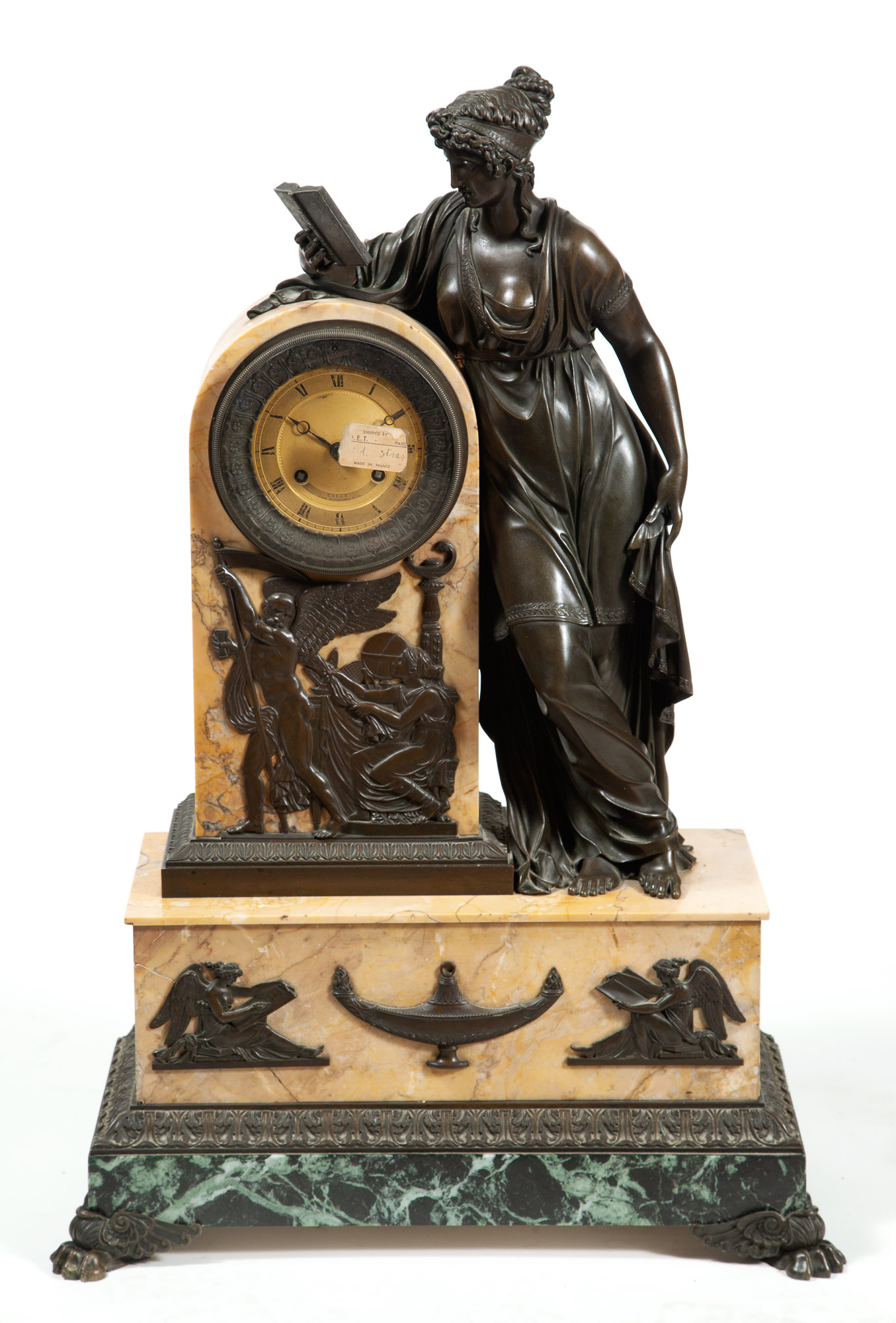 Lot image - Patinated Bronze and Marble Figural Clock